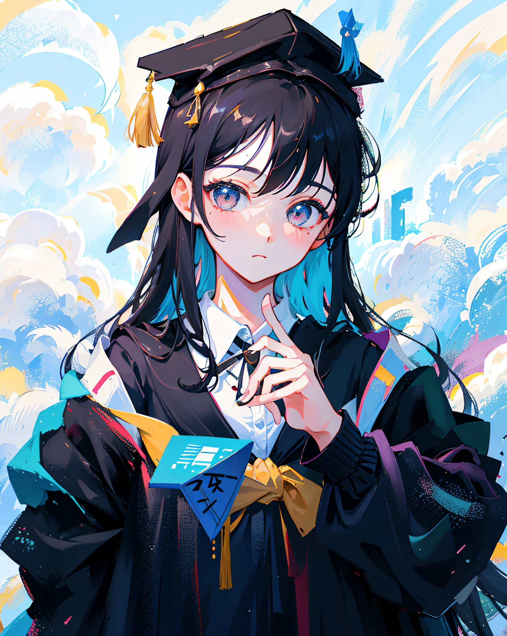 (Realistic painting style:1.0), Masterpiece, Best quality, absurderes, comic strip, illustration,
1girll, long hair, black hair, Cute girl, young and cute girl, korean girl, {breasts},
a close up of a woman in a graduation gown and cap, wearing an academic gown, graduation photo,