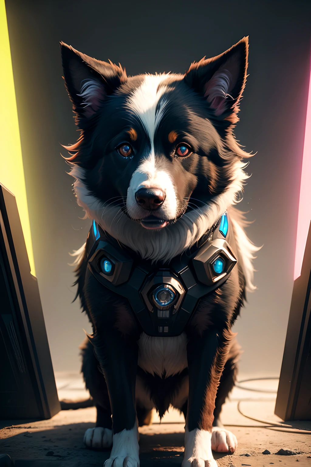 A beautiful portrait of a beautiful cyberpunk border collie dog, esquema de cores preto e vermelho, High key lighting, Light Volumetric, arte digital, altamente detalhado, detalhes finos, intrincado, ornamentado, complexo, octane rendering, motor irreal, fotorrealista