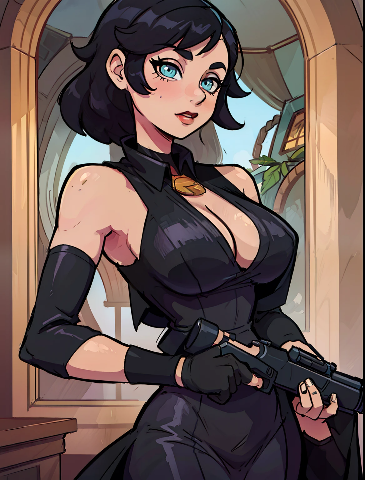 Anime Lady Celine Sinclair - a wealthy socialite who is secretly a master thief and spy. Lady Sinclair has jet-black hair and wears an elegant evening gown, but she is just as deadly with a set of lock picks as she is with a pistol, a close-up of a woman in a black dress holding a gun, female spy, style artgerm, anya from spy x family, in style of artgerm, artgerm style, drawn in the style of artgerm, in the style artgerm, artgerm. anime illustration, style ivan Talavera and artgerm