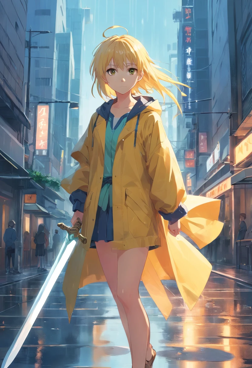 Girl with a big sword, Straight bangs, Long tails, light yellow hair, Raincoat clothing.
