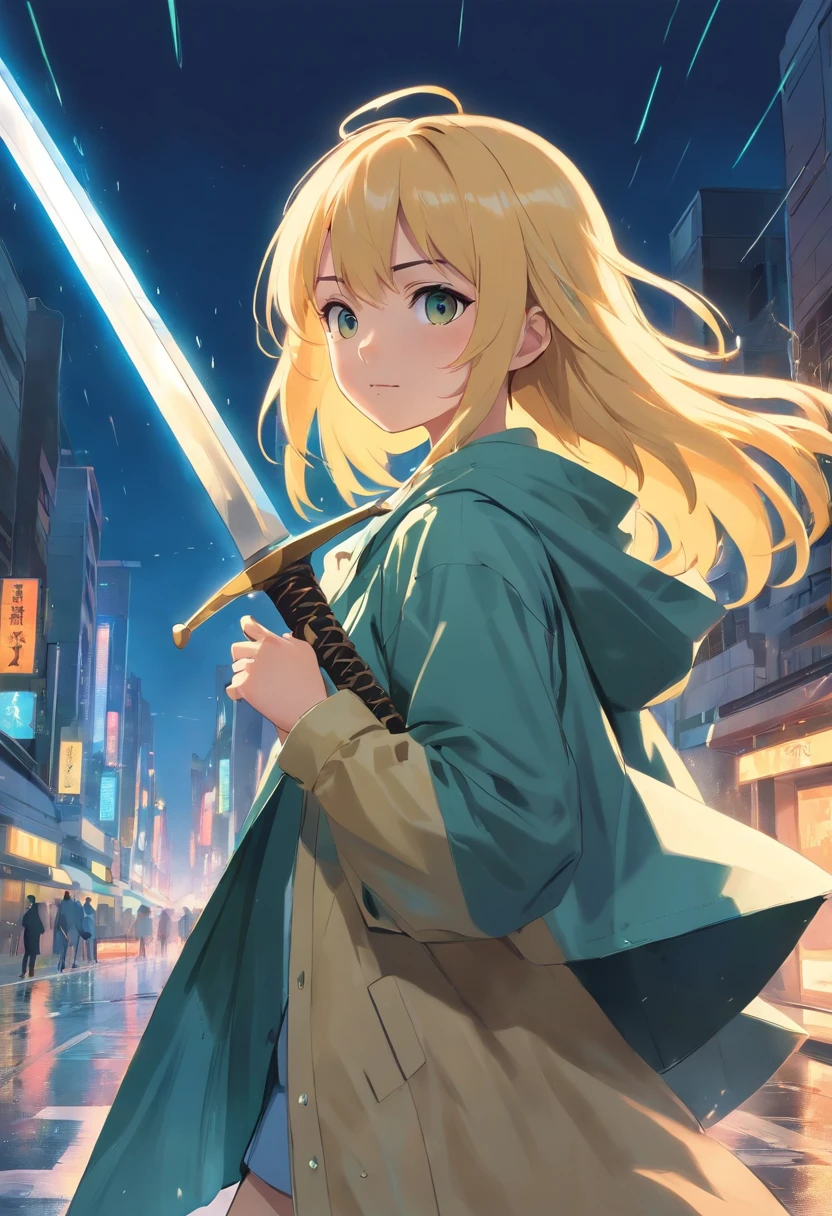 Girl with a big sword, Straight bangs, Long tails, light yellow hair, Raincoat clothing.