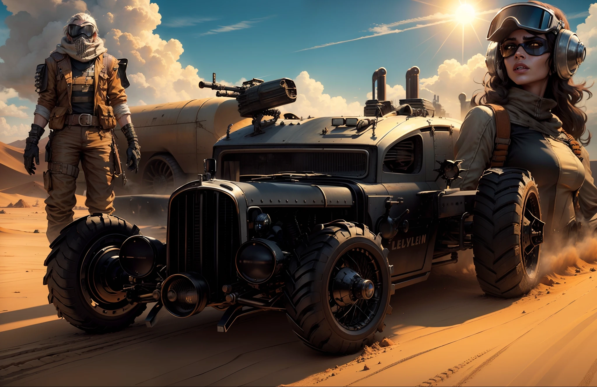 Um carro preto todo-poderoso estilo Mad Max com torpedos e turbina, behind a pilot in Mad Max-style clothes and on the other side a beautiful Mad Max-style warrior woman and in the background a city in the middle of the desert with Mad Max-style buildings and constructions, The whole scene is in orange yellow hues of the dry desert with a sun shining in the sky