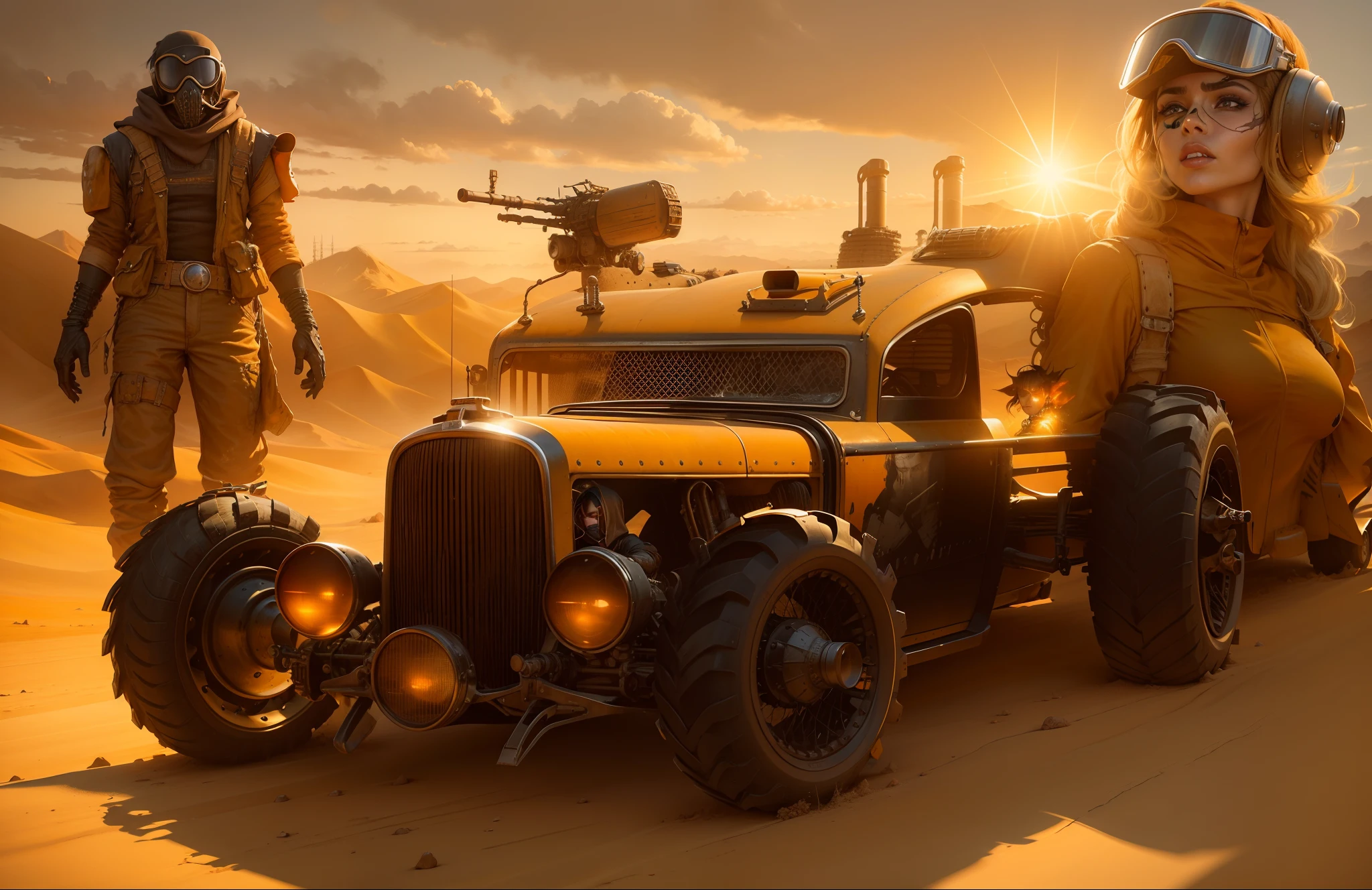 Um carro preto e estragado no estilo de Mad Max todo poderoso com torpedos e turbina, behind a pilot in Mad Max-style clothes and on the other side a beautiful Mad Max-style warrior woman and in the background a city in the middle of the desert with Mad Max-style buildings and constructions, The whole scene is in orange yellow hues of the dry desert with a sun shining in the sky
