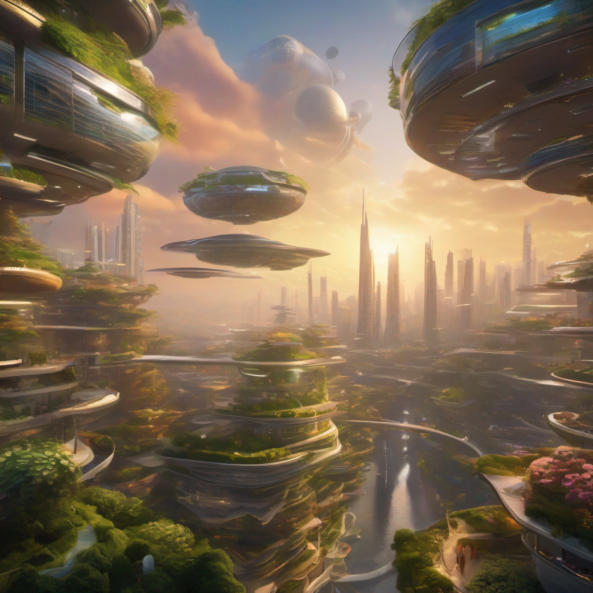 Futuristic floating city, above the clouds, interconnected metallic structures, sleek glass buildings reflecting sunlight, flying cars weaving between skyscrapers, lush green hanging gardens cascading down, distant planets visible on the horizon, ambient neon lights illuminating pathways, residents in modern attire commuting via floating platforms, serene and bustling, detailed skyline with layered tiers, atmosphere suggesting utopian harmony, shot with a Canon EOS-1D X Mark III, wide-angle lens 24mm, f/1.4, illuminated by the setting sun casting golden hues --ar 16:9 --v 5 --q 2.