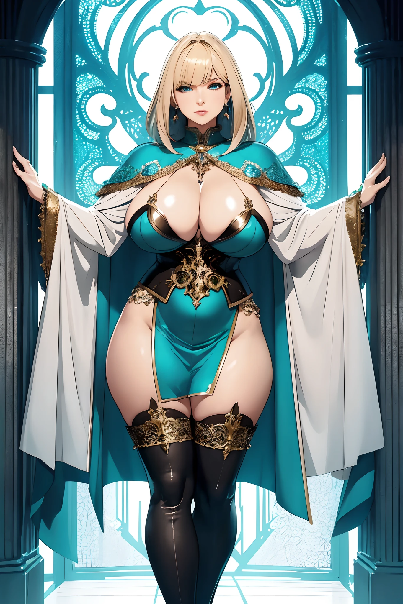 masterpiece, best quality, 1woman adult, older milf, solo, blonde hair, vibrant aqua eyes, medium hair with fringe, looking at viewer, cape, High quality metal texture, closed mouth, full body view, bangs, high collar,(kbxll:0.6), Fantasy aesthetics, fantasy earring, Highly detailed, thicc body, gigantic breasts, large areola