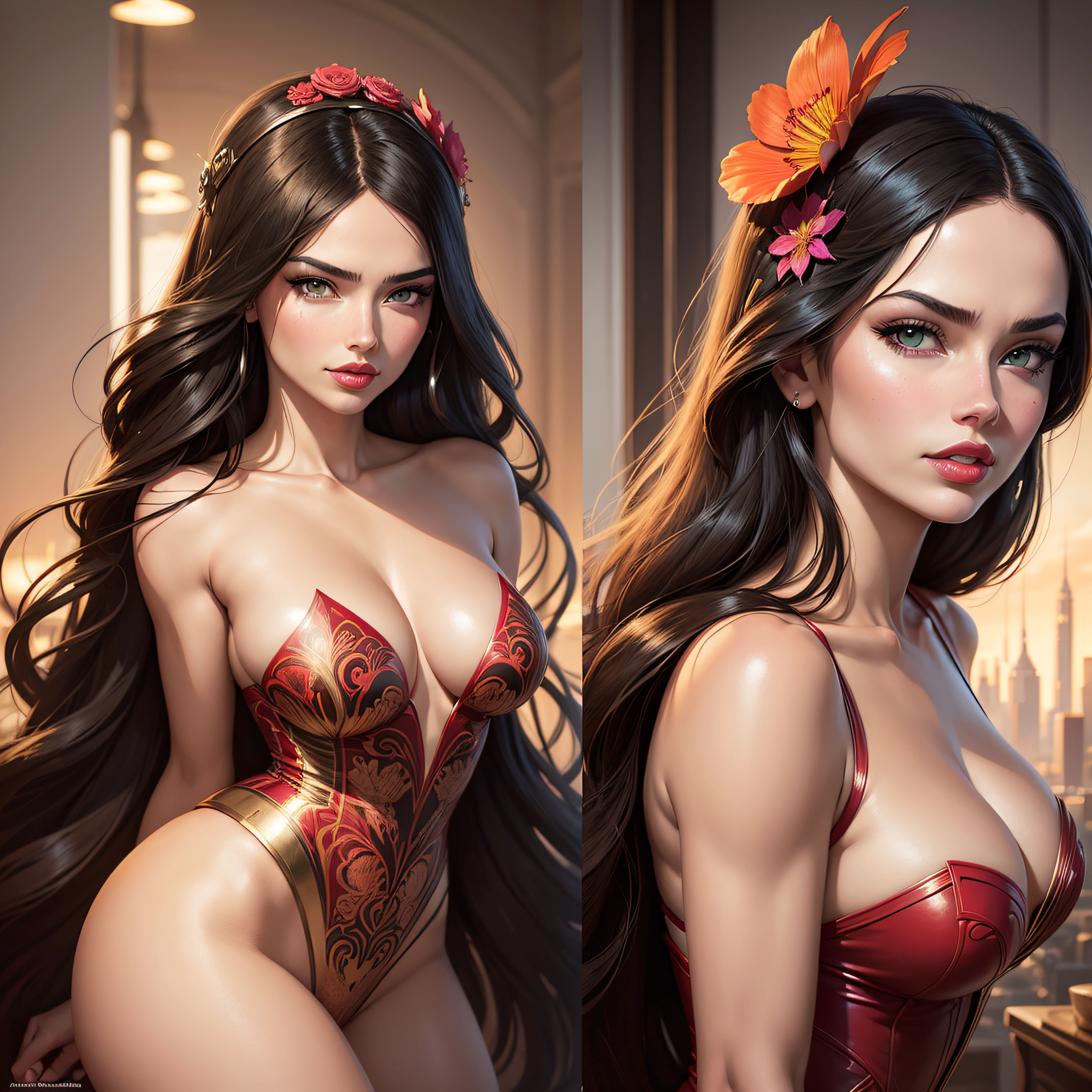 a close up of a woman (Adriana Lima :1.1) red lips, green eyes with a flower in her hair, beauty and a city in the backgroundart nouveau woman, hyperrealistic art nouveau, art nouveau portrait, style ivan talavera and artgerm, artgerm julie bell beeple, martin ansin artwork portrait, artgerm portrait, artgerm mucha, artgerm. anime illustration, art deco portrait