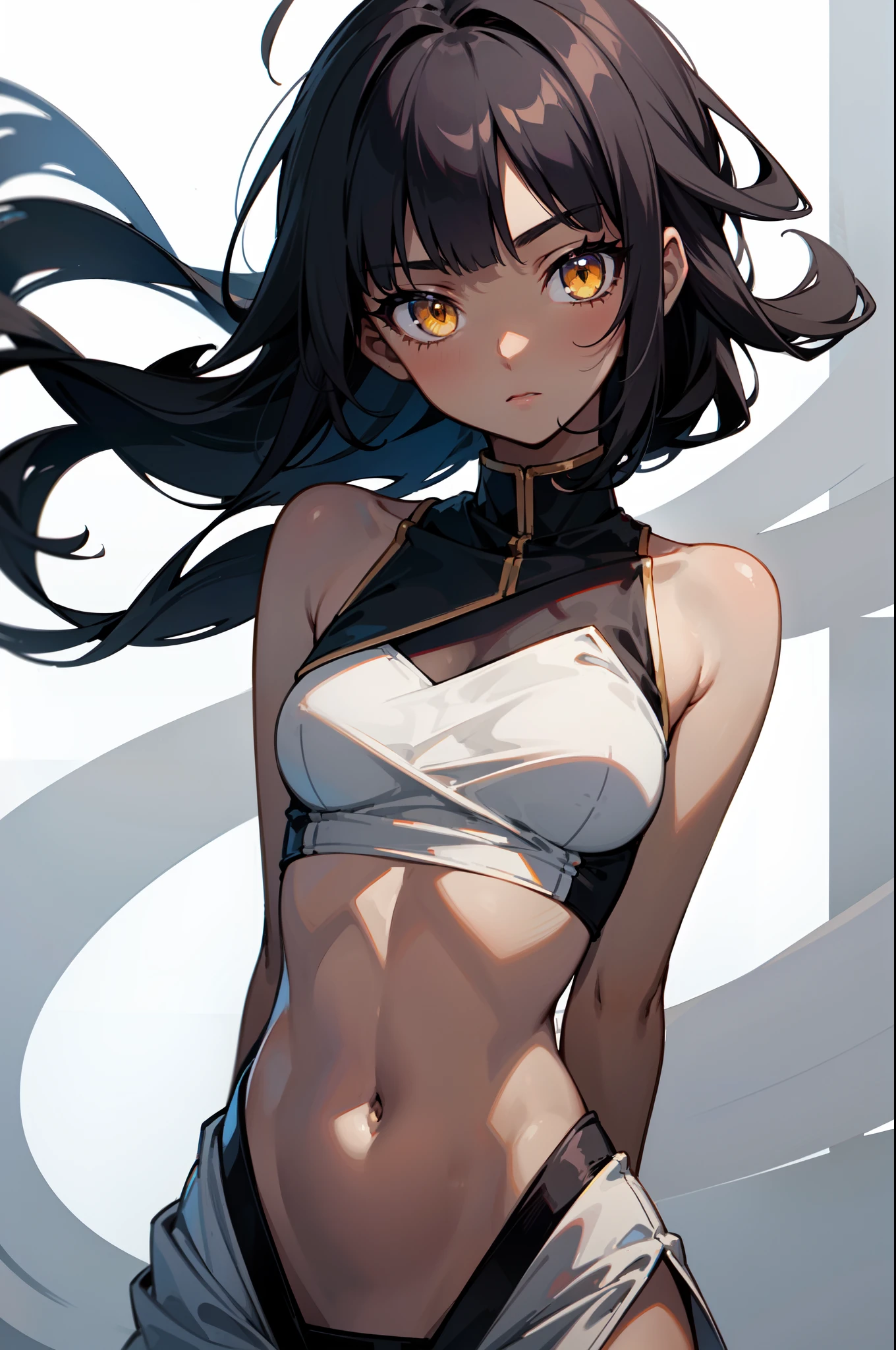 1girl, solo, teen, (dark skin:1.15), black hair, medium long hair, hime cut, blunt bangs, blunt sidelocks, messy hair, straight hair, yellow eyes, glowing eyes, egyptian clothes, white top, navel, (pelvic courtain), old fashioned clothes, (small breasts), inexpressive, neutral, standing, arms behind back, looking at viewer, (upper body), white background, simple background, masterpiece, best quality, 4k