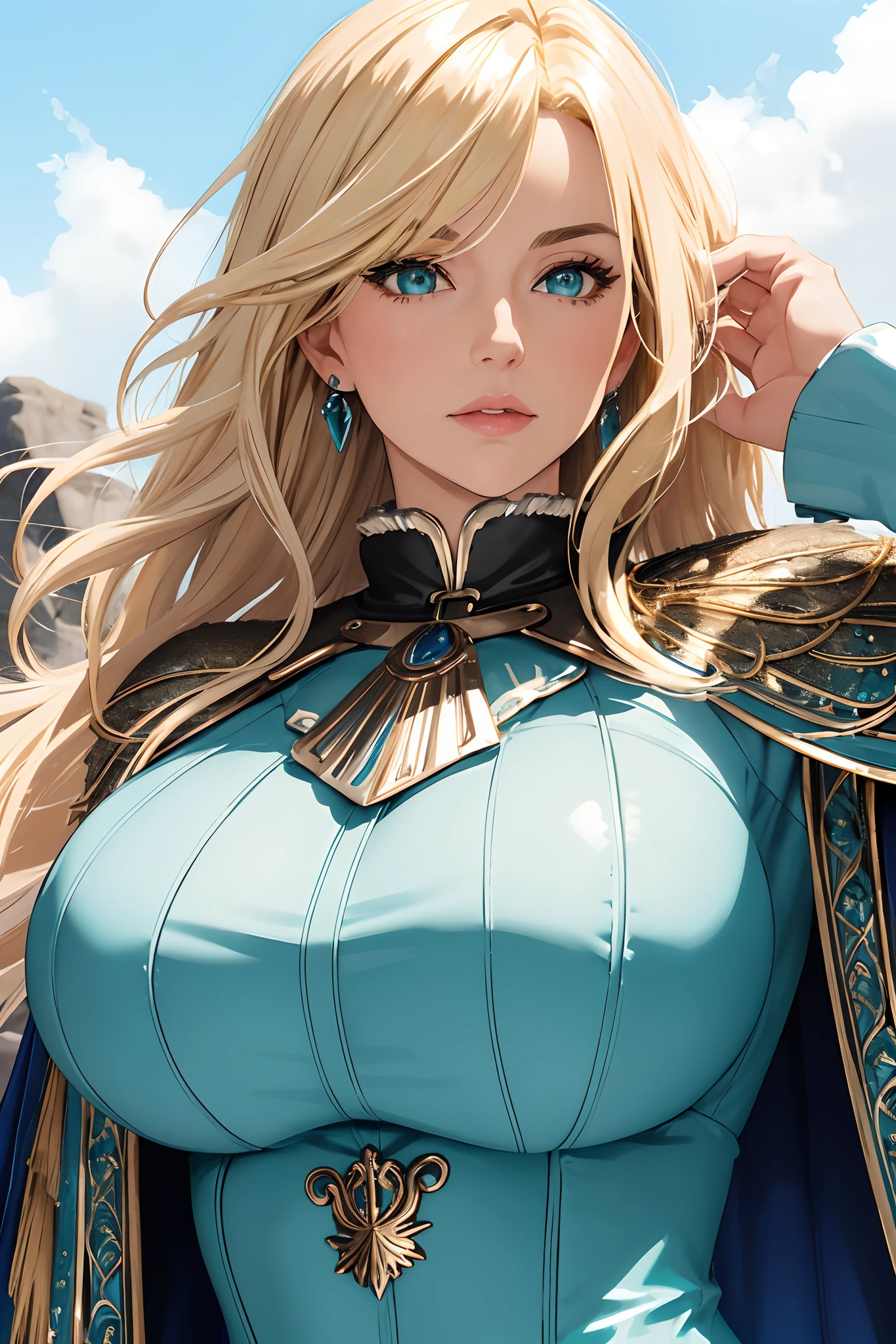 masterpiece, best quality, 1woman adult, older milf, solo, highlight blonde hair, vibrant aqua eyes, medium hair with fringe, looking at viewer, cape, High quality metal texture, closed mouth, full body view, bangs, high collar,(kbxll:0.6), Fantasy aesthetics, fantasy earring, Highly detailed, thicc body, gigantic breasts, large areola