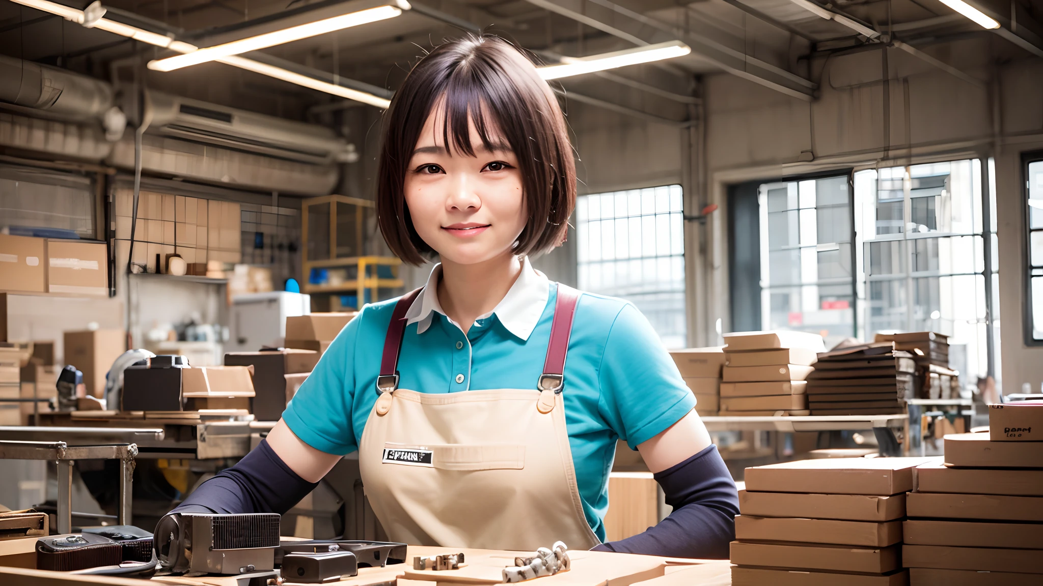 1 woman, factory, working, Screw, Assembly, Smile, Serious, Real,