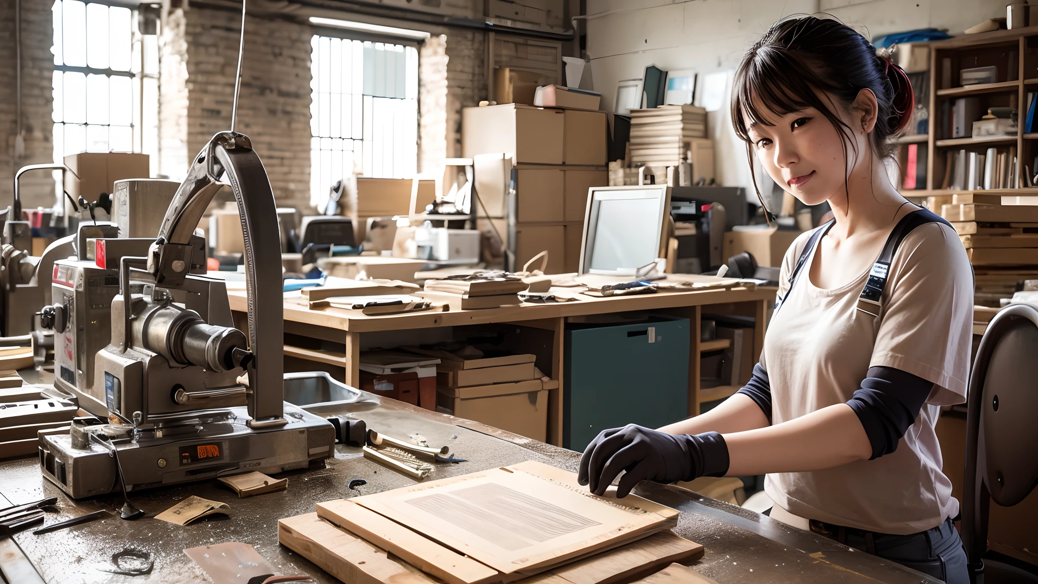 1 woman, factory, working, Screw, Assembly, Smile, Serious, Real,