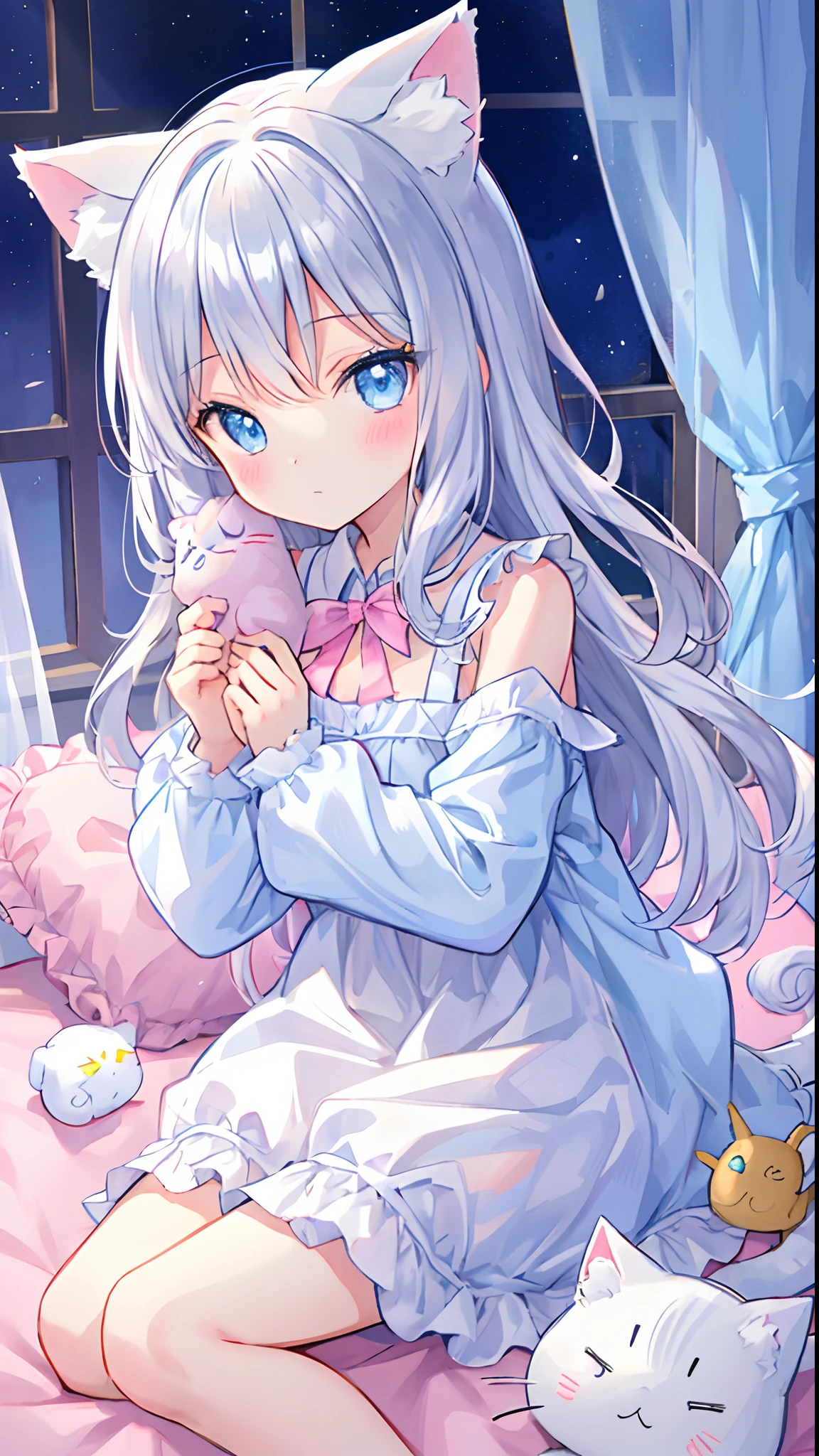 Beautiful illustration、top-quality、Cute little girl s、Bedroom、PastelColors、fluffy cat ears、小柄、Silver long hair、Stuffed cat、Bright lighting、bright light blue eyes