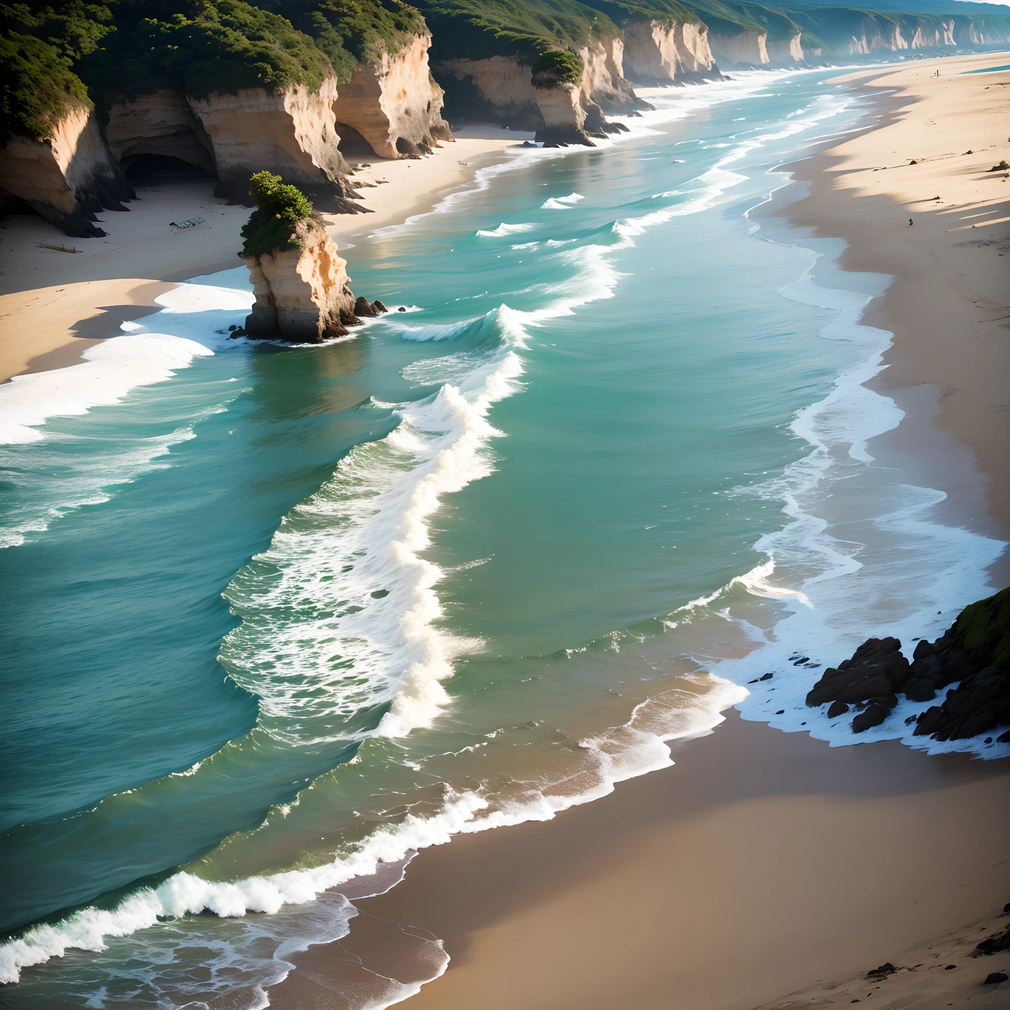 praia,mar, com o ceu amanhecendo detalhado, com coqueiros, photorealista, realista