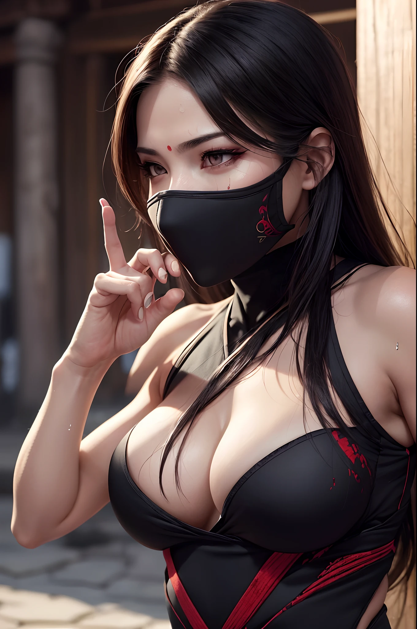 realistic, 1girl, high quality fingers, normal hands, detailed fingers, masterpiece, (realistic, photo-realistic: 1.37), realistic, 1girl, long hair:1.5, black hair:1.2, red eyes:1.5, bright eyes, mortal kombat, ninja, blood, scar, weapons, kimono, dress, mortal kombat suit, large breasts, fighting pose, serene look, temple, meditation, injuries, ninja mask, cover half of face, (sweat:  1)