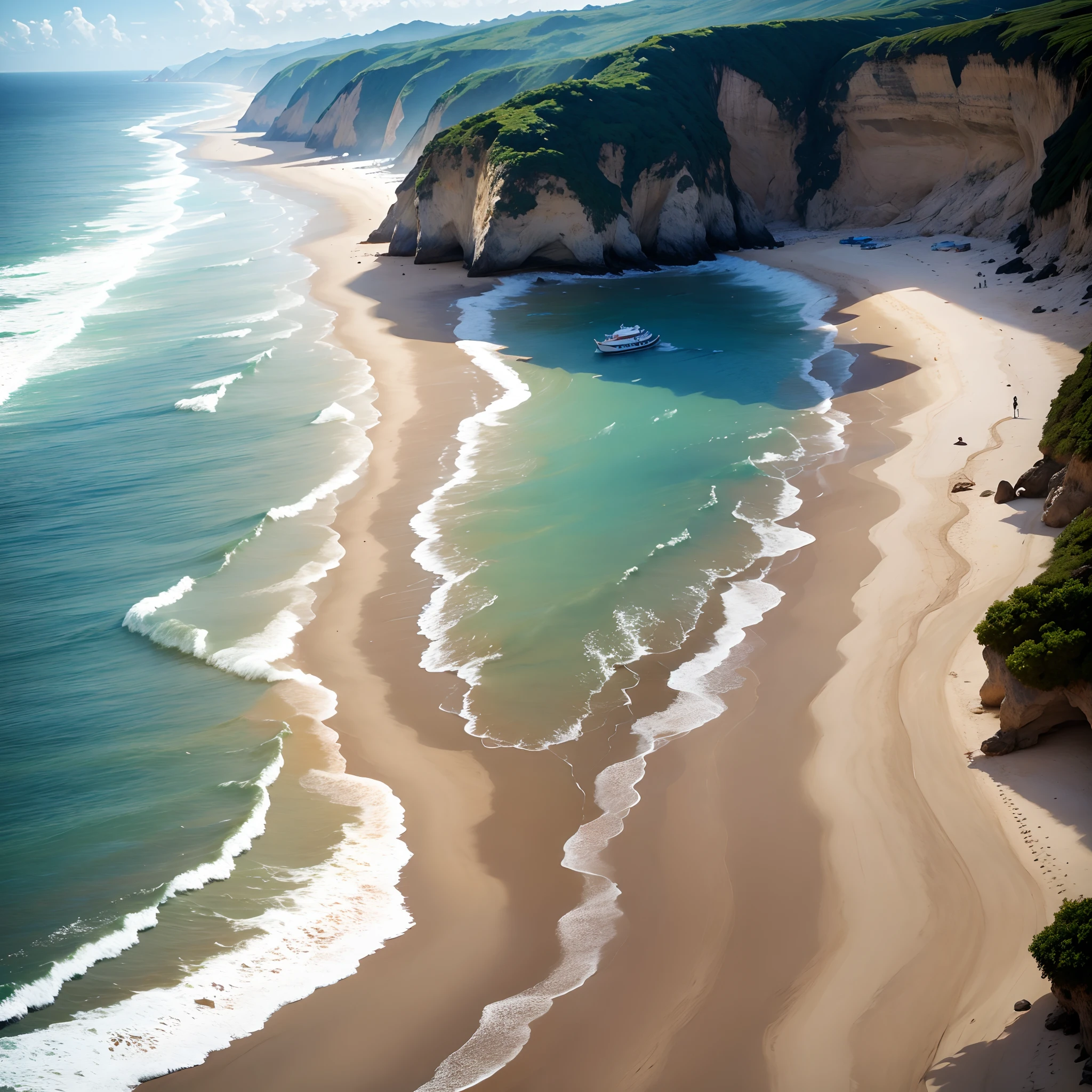 praia,mar, com o ceu amanhecendo detalhado, com coqueiros, photorealista, realista