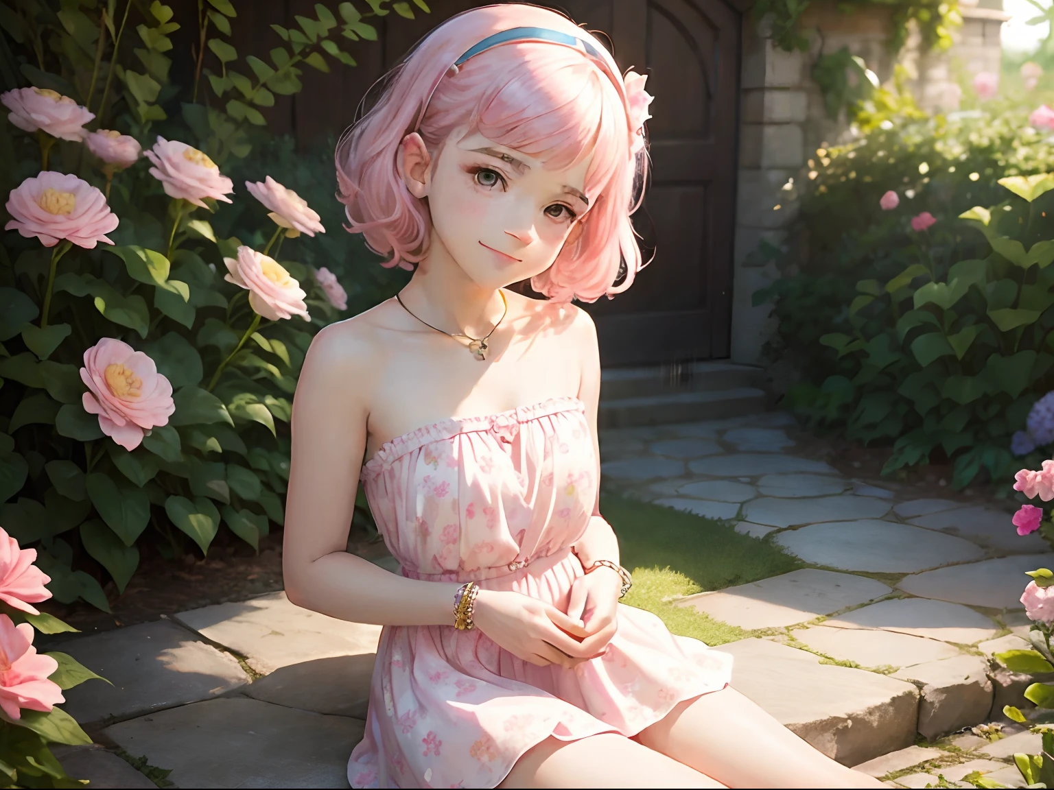 tween Emma Watson wearing a light pink floral patterned strapless playsuit in the garden, small bust, small chest, cute smile, light pink head accessories