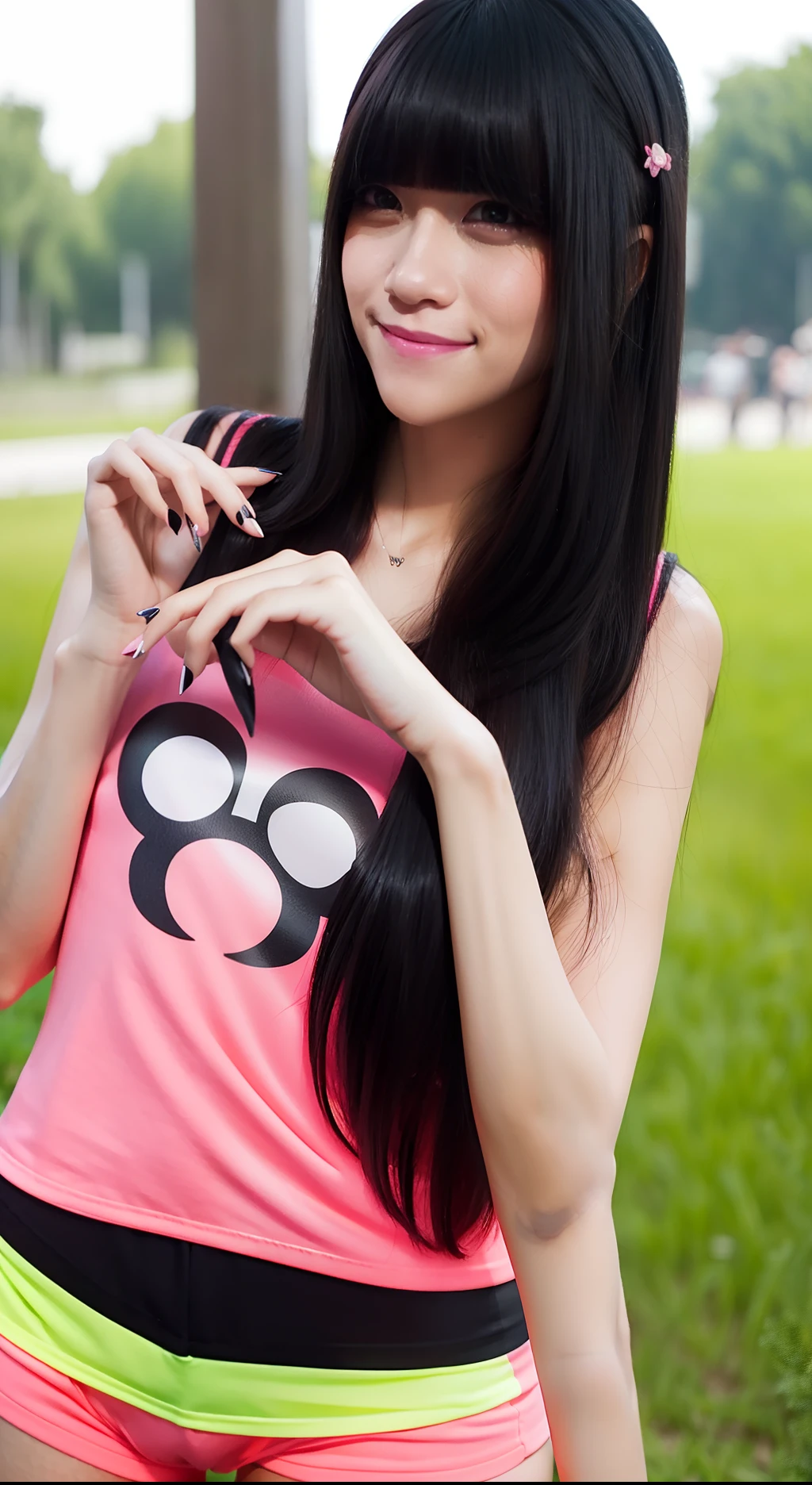 Tight t-shirt, hotpants, stylish, long black bangs hair, glare expression, little smile, staring intently, pink polish nails, outdoor, beautiful, masterpiece