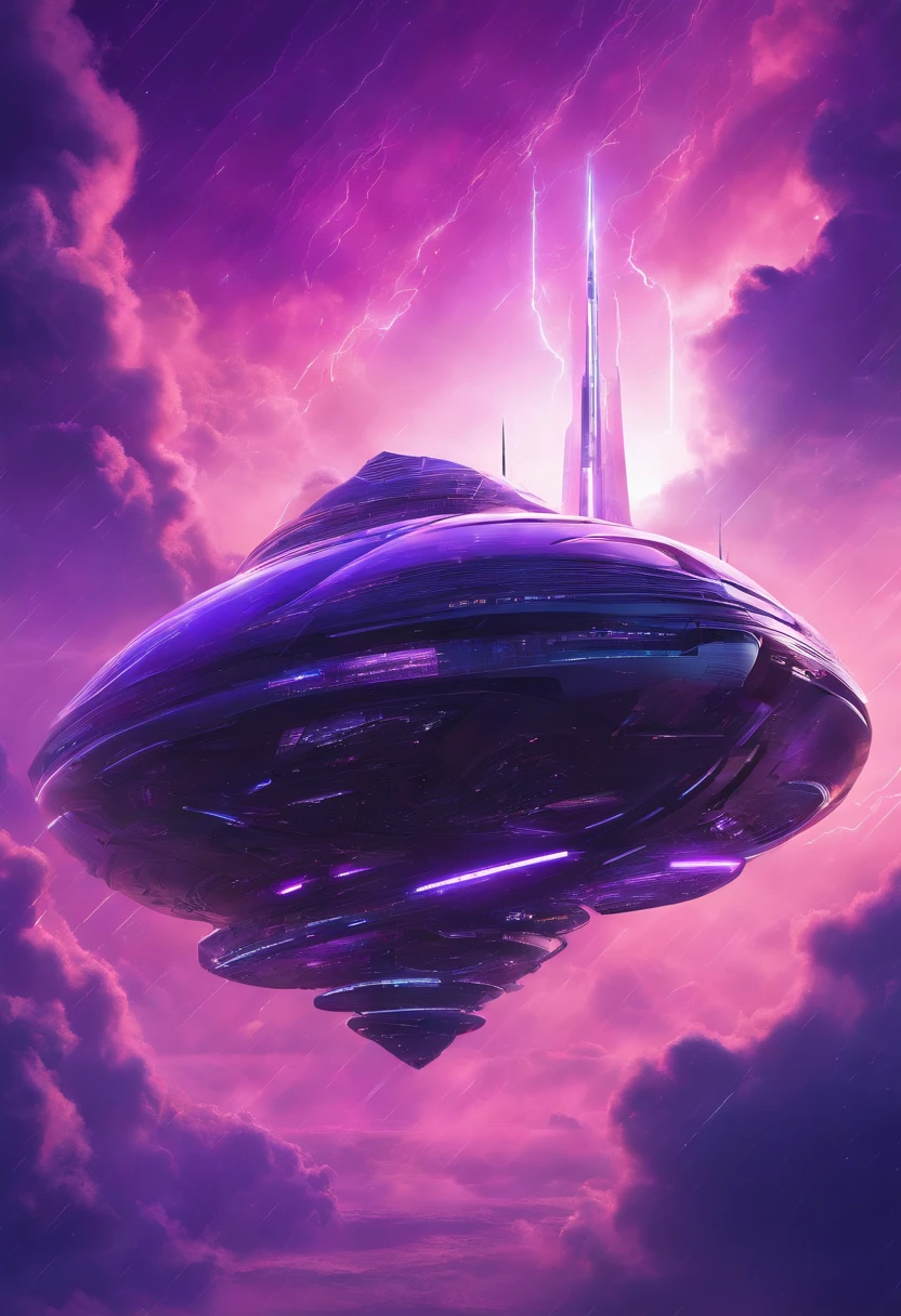 Futuristic alien spaceship flying above the clouds, dark sky, purple color lighting, Rain,Lightning, Hyper realistic, Highly detailed,8K，A Woman fly on the sky