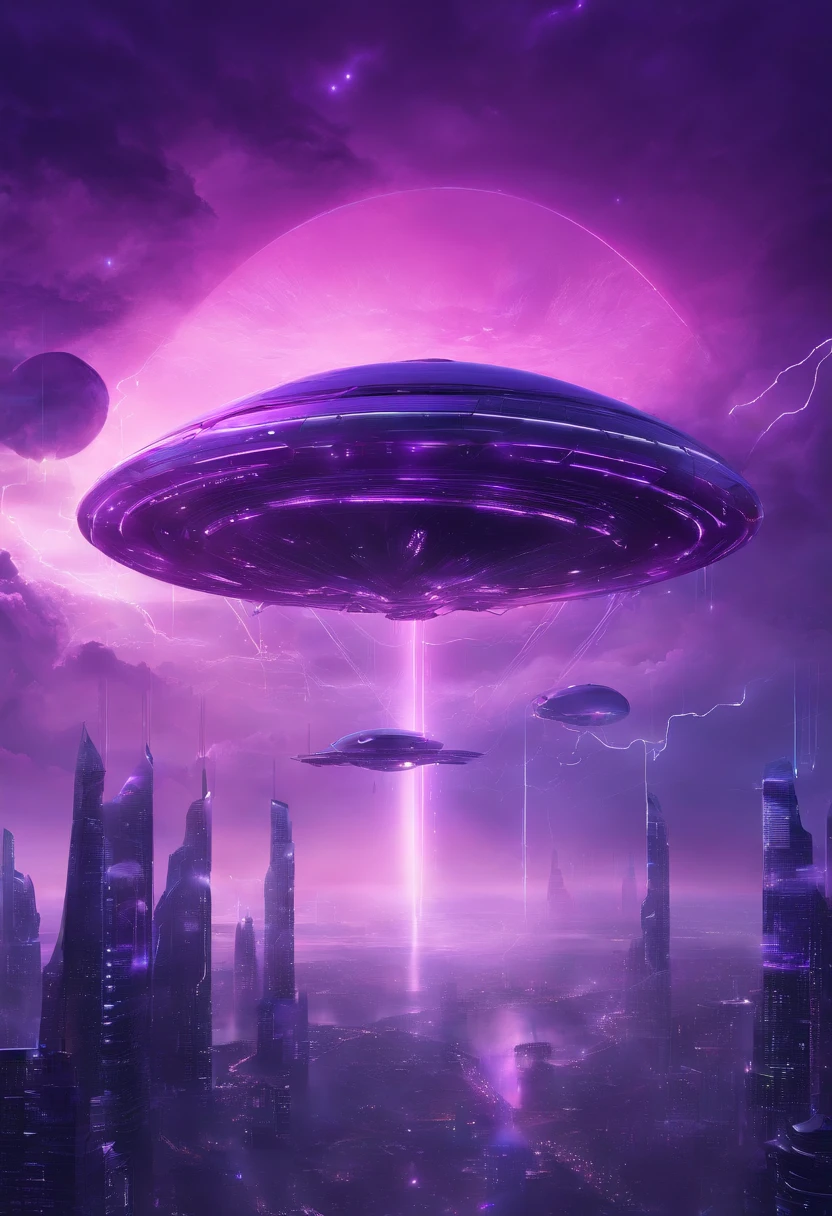 Futuristic alien spaceship flying above the clouds, dark sky, purple color lighting, Rain,Lightning, Hyper realistic, Highly detailed,8K，A Woman fly on the sky