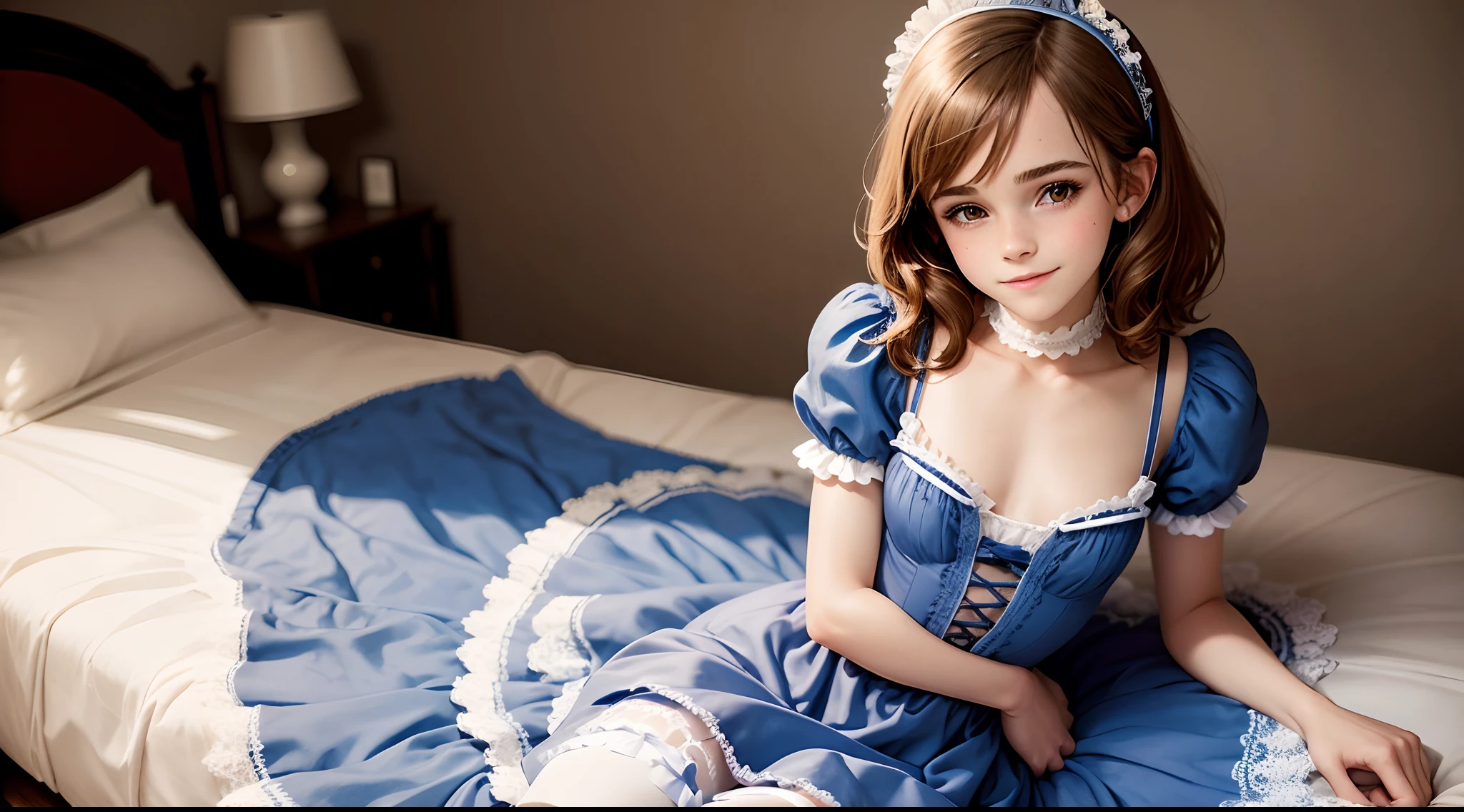 ten Emma Watson wearing a blue french maid dress, small bust, small chest, cute smile, smile, frills, lace, lace panties, (frilly stockings), frills, lace, lace panties, frilly stockings