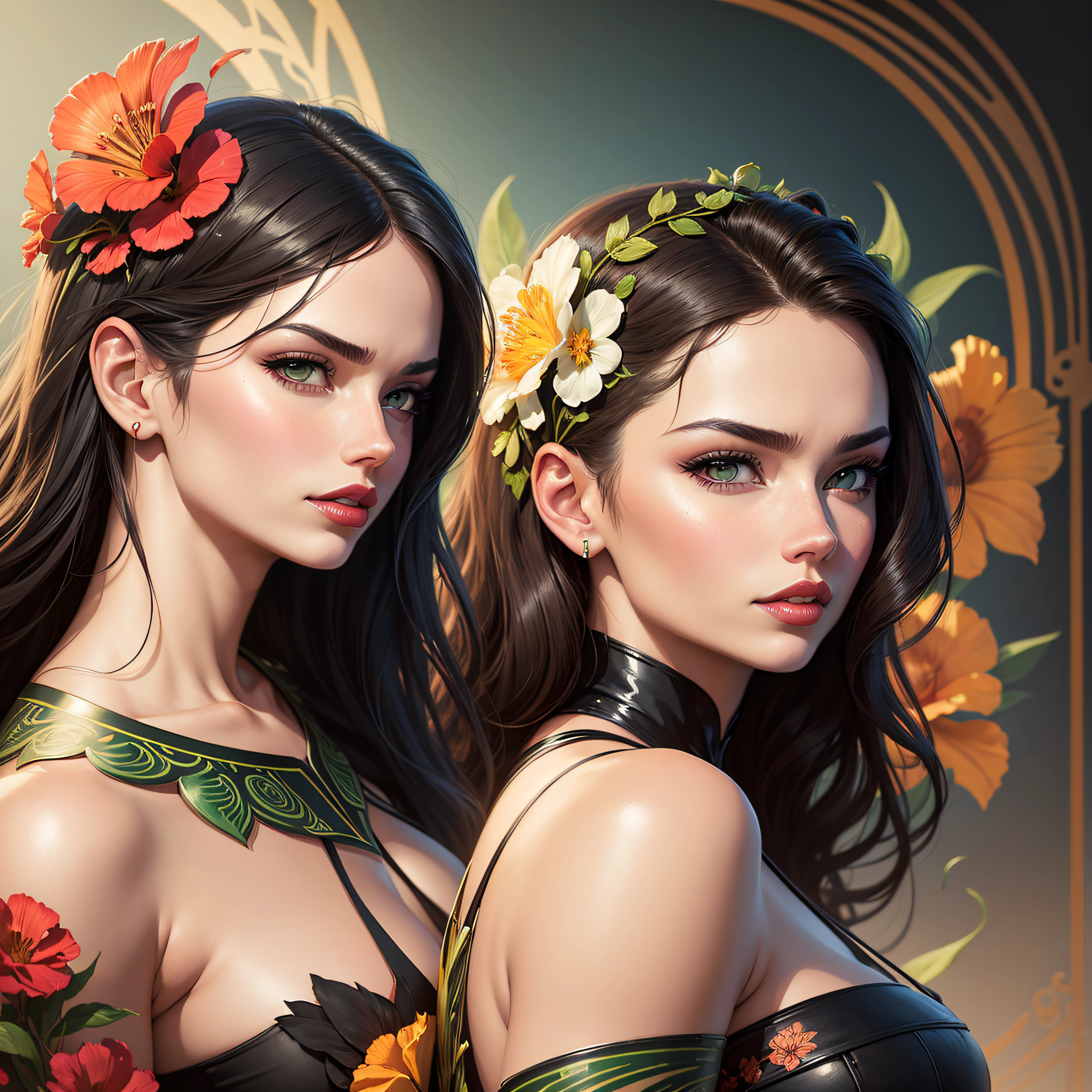 a close up of a woman (Adriana Lima :1.1) red lips, green eyes with a flower in her hair, beauty and a city in the backgroundart nouveau woman, hyperrealistic art nouveau, art nouveau portrait, style ivan talavera and artgerm, artgerm julie bell beeple, martin ansin artwork portrait, artgerm portrait, artgerm mucha, artgerm. anime illustration, art deco portrait