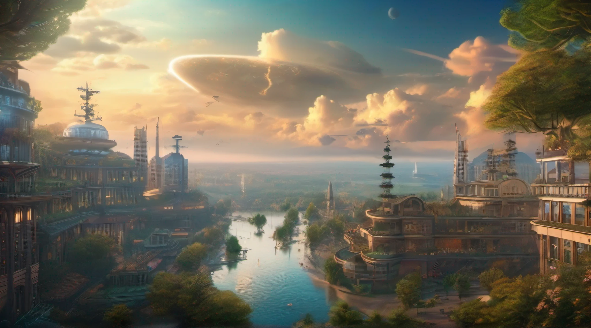 paisagem realista, highes definition, cidade futurista, sky with clouds, Ships flying in the skies, illuminated trees, cinematic picture, 8k, obra prima, max quality, 8k