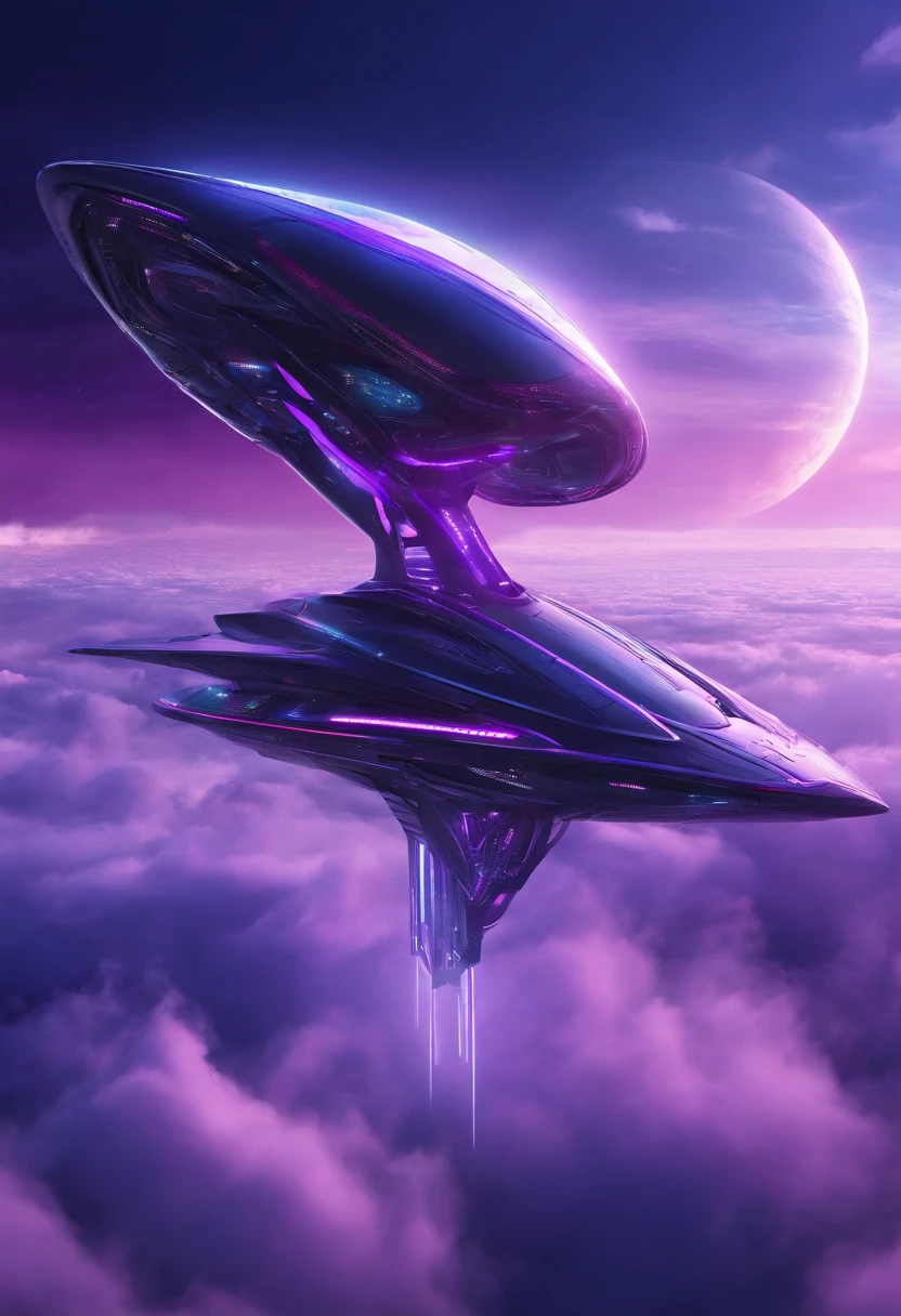 Futuristic alien spaceship flying above the clouds, dark sky, purple color lighting, Rain,Lightning, Hyper realistic, Highly detailed,8K,A long hair woman sit on the spaceship