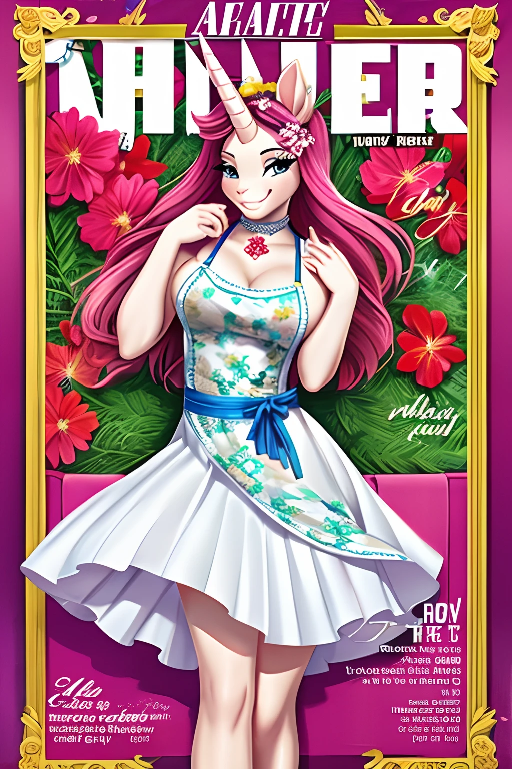 (Best Quality, Masterpiece), Front cover of a women's fashion magazine, 1girl,stunning, cute, heartwarming smile, hourglass figure, wearing floral dress, pinny apron, beautiful text, diagrams, advertisements, magazine title, e-girl, celebrity, celebration. Unicorn.