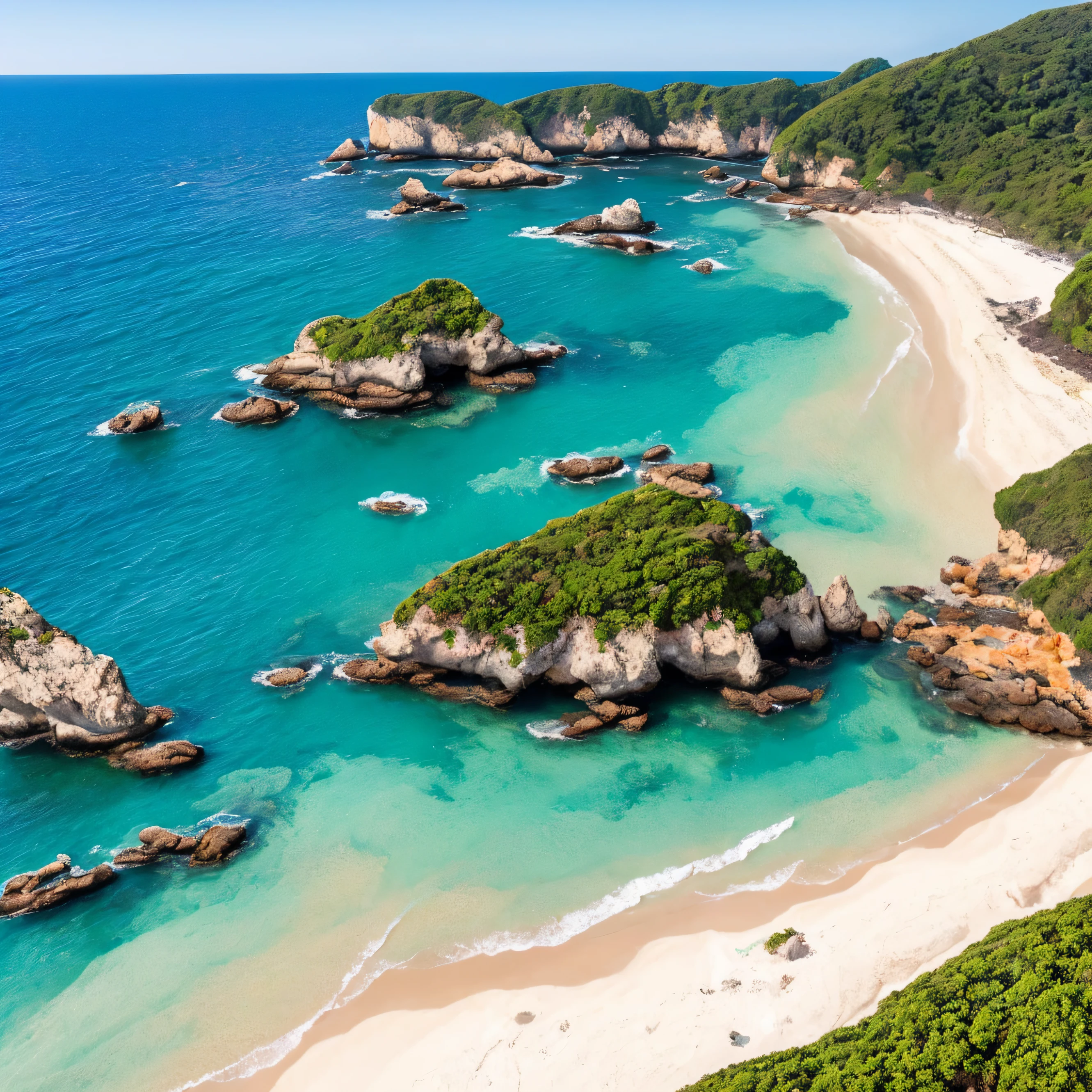 praia,mar, com o ceu amanhecendo detalhado, com coqueiros, photorealista, realista, com paletas de amarelado