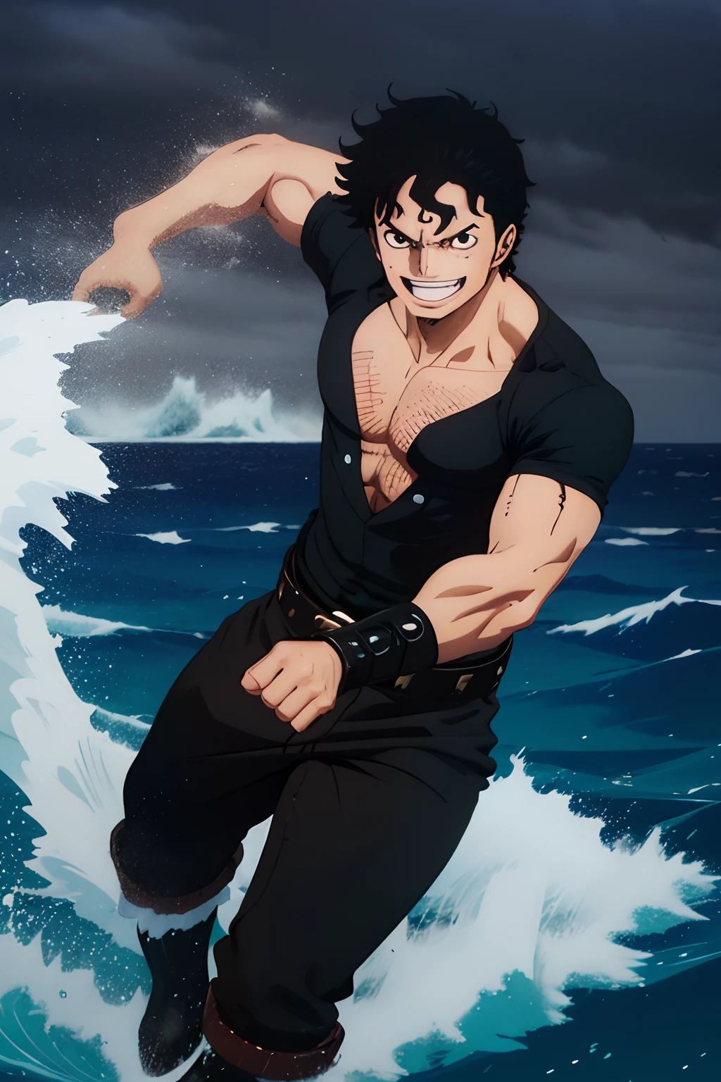 1boy, happy, black short curly hair like michael jackson, gear 5, white shirt with no symbols, black boots, one piece style, has a cool crew, good looking guy, beautiful eyes and face night, sea , superhuman powers, mist power, mist going from his body to outside