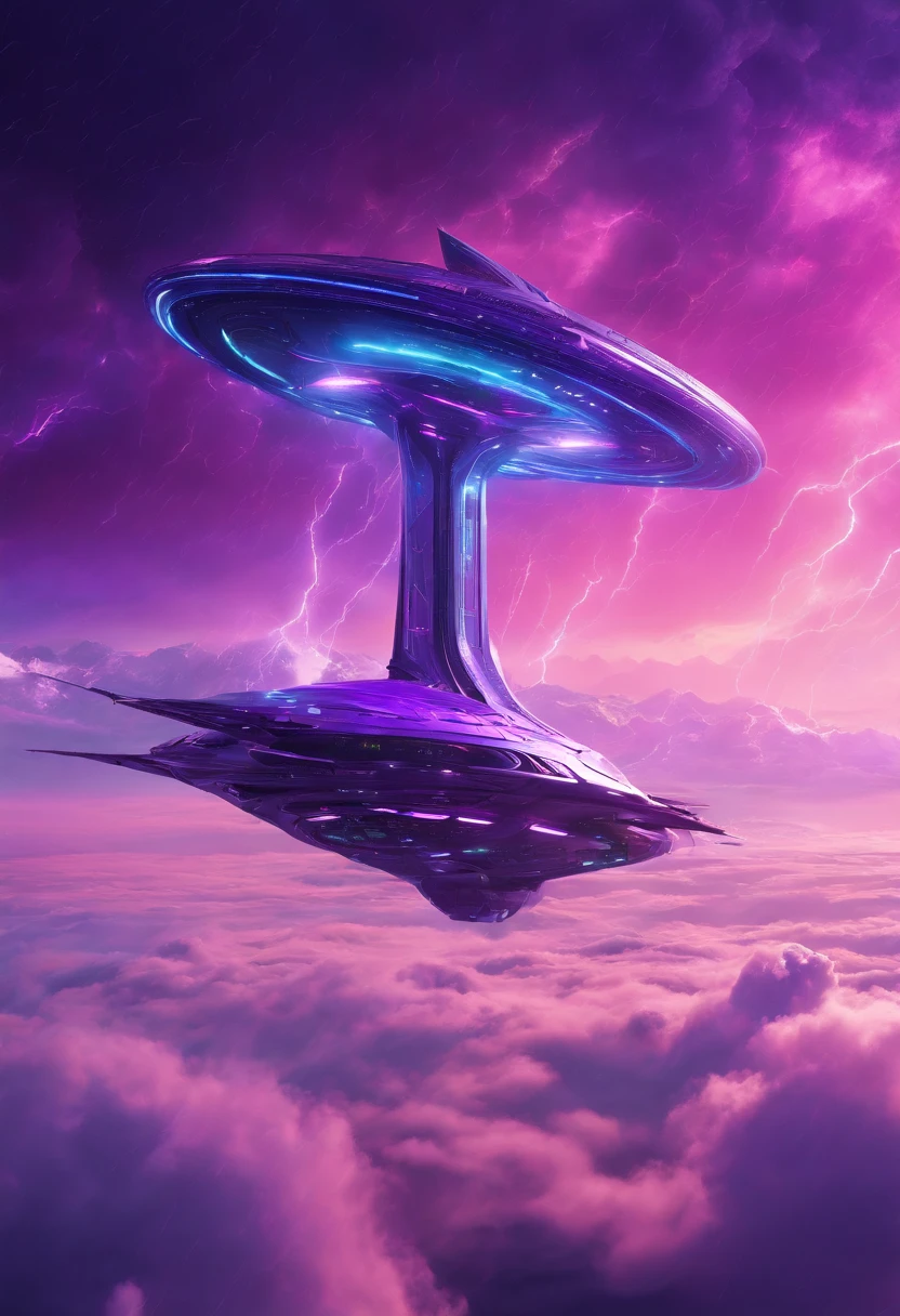 Futuristic alien spaceship flying above the clouds, dark sky, purple color lighting, Rain,Lightning, Hyper realistic, Highly detailed,8K,“Niika”is cover name