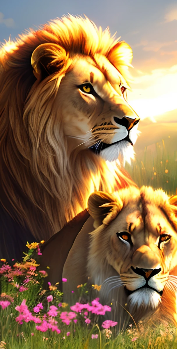 /digital a stunning photo of  lion and lioness ((a couple)) surrounded by plants in a flower meadow, 8k resolution concept art( intricate details:1.2), sunlight, (high quality:1.2), trending on artstation, 8k, absurdres, extremely detailed fur, (close up:1.1)
