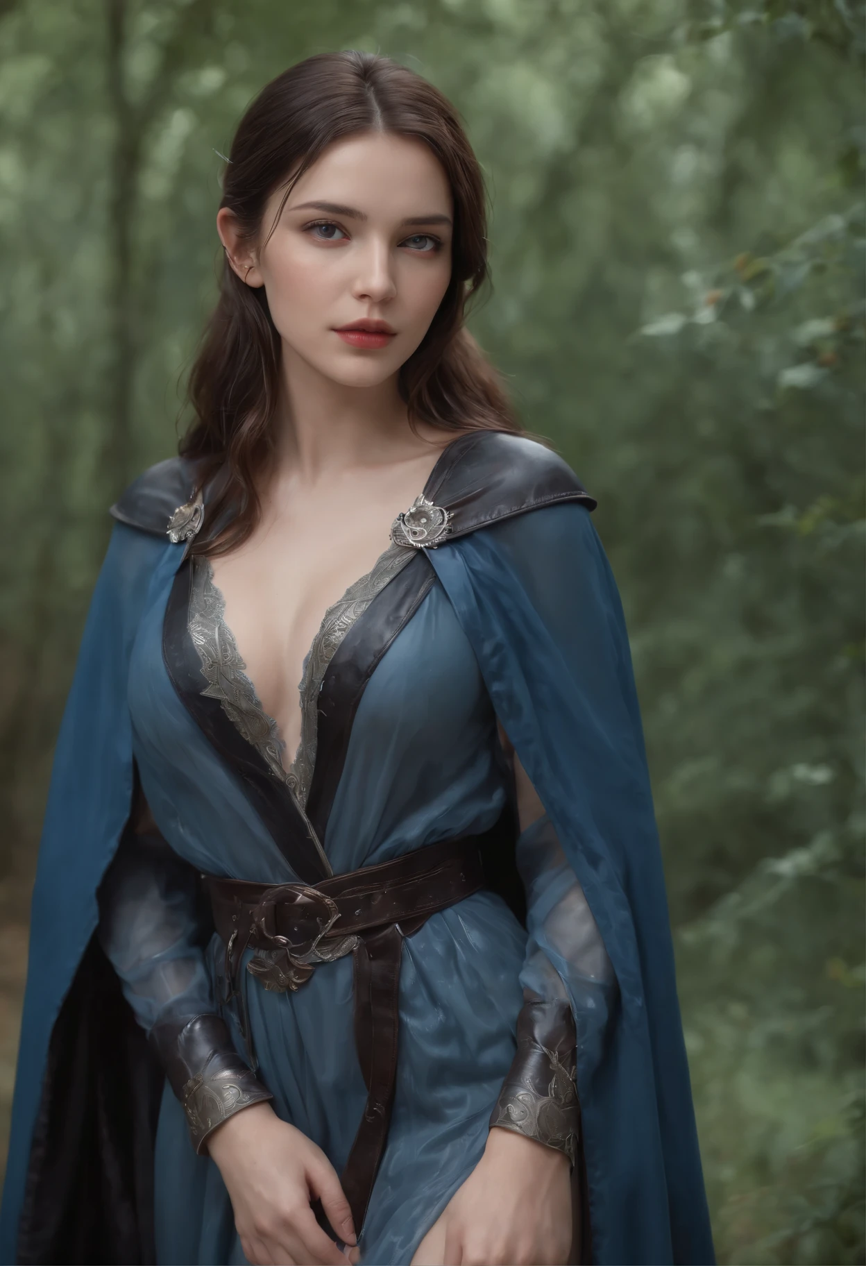 A mesmerizing portrait of a young woman in a translucent dress, dark blue leather clothes, cloak, blue black cloak, mixed French and Cuban ancestry, light blue eyes, dark brown hair with silver highlights, medium size breasts, drenched in rain, look of disapproval, fantasy art, dnd art, rpg art, a female human mage (best details, Masterpiece, best quality :1.5), controlling magical energy made of electricity, human female (best details, Masterpiece, best quality :1.5), extremally beautiful (best details, Masterpiece, best quality :1.5), ultra feminine (best details, Masterpiece, best quality :1.5), proper eye position, natural skin, backlight, cinematic light, rim light, soft light, hips, bare thighs, in night time, forest background, detailed color graded background, intricate , highly detail, octane render, HD, 4k