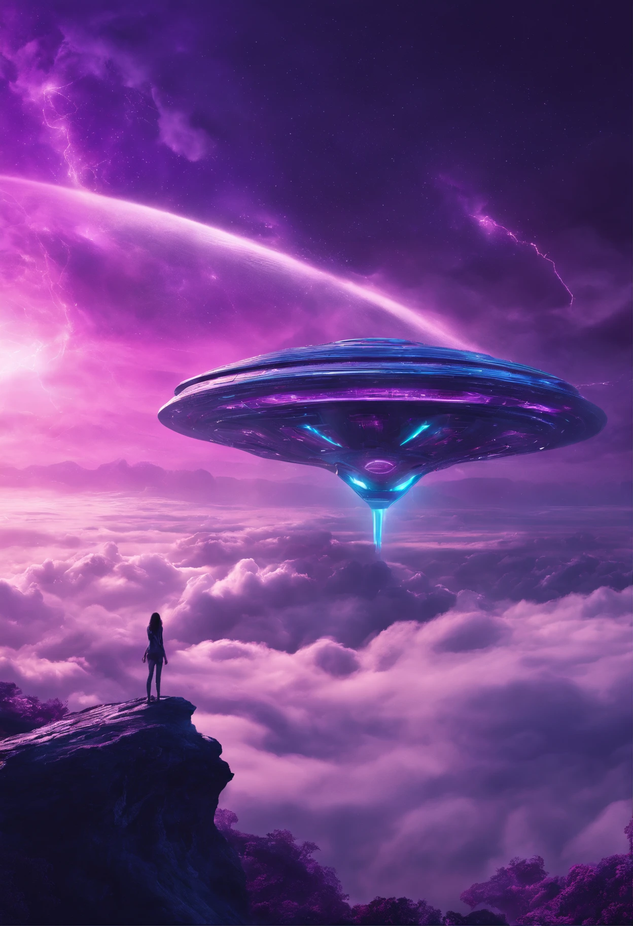 Futuristic alien spaceship flying above the clouds, dark sky, purple color lighting, Rain,Lightning, Hyper realistic, Highly detailed,8K,A long hair woman sit on the spaceship