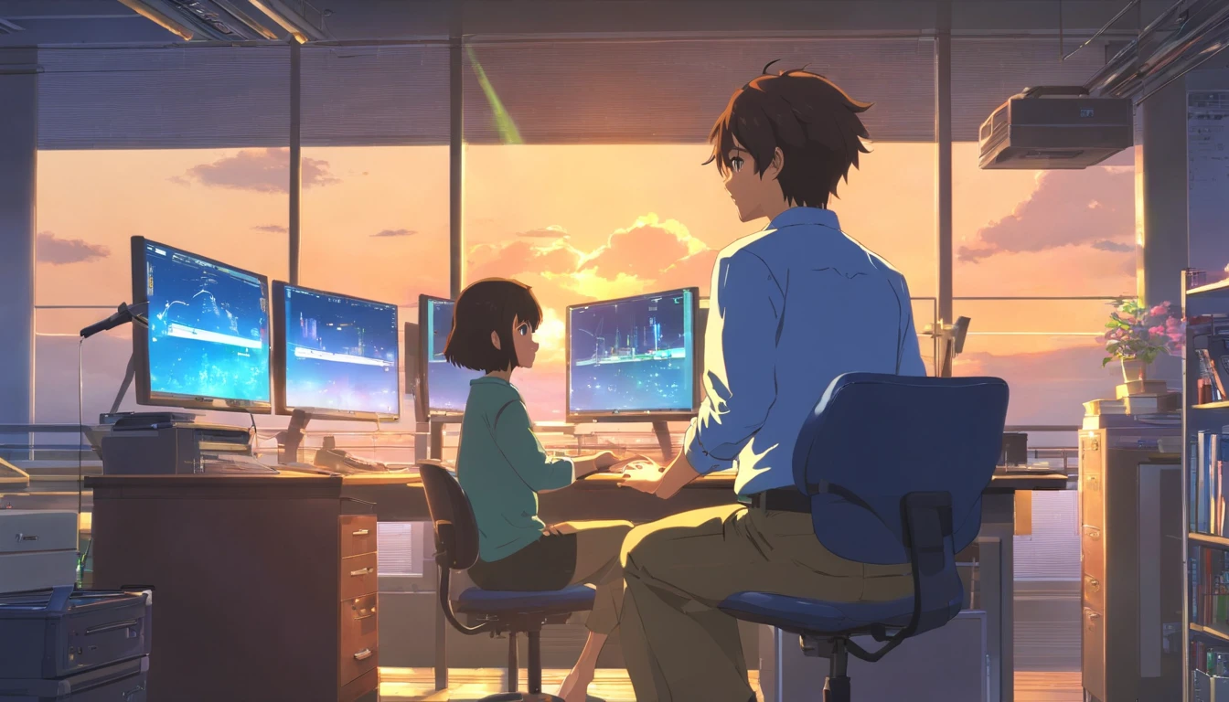 There is a man sitting at a desk with two computer screens, assis devant un ordinateur, sitting in front of computer, Regarder le moniteur, affichage des graphiques boursiers, sitting at a computer desk, devant un ordinateur, Commerce, Trading d’actions, pose explosive, Lots of action