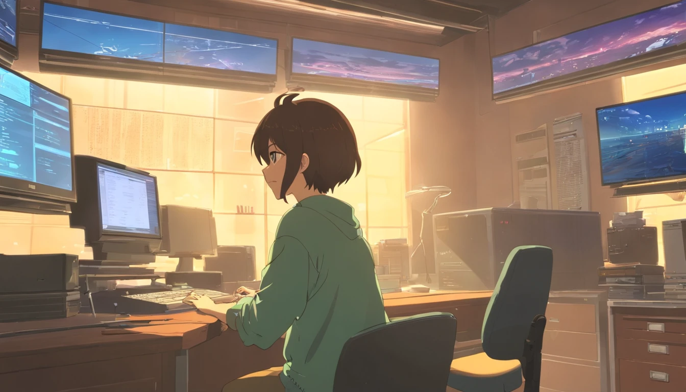 There is a man sitting at a desk with two computer screens, assis devant un ordinateur, sitting in front of computer, Regarder le moniteur, affichage des graphiques boursiers, sitting at a computer desk, devant un ordinateur, Commerce, Trading d’actions, pose explosive, Lots of action