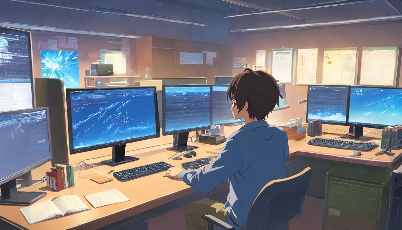 There is a man sitting at a desk with two computer screens, assis devant un ordinateur, sitting in front of computer, Regarder le moniteur, affichage des graphiques boursiers, sitting at a computer desk, devant un ordinateur, Commerce, Trading d’actions, pose explosive, Lots of action