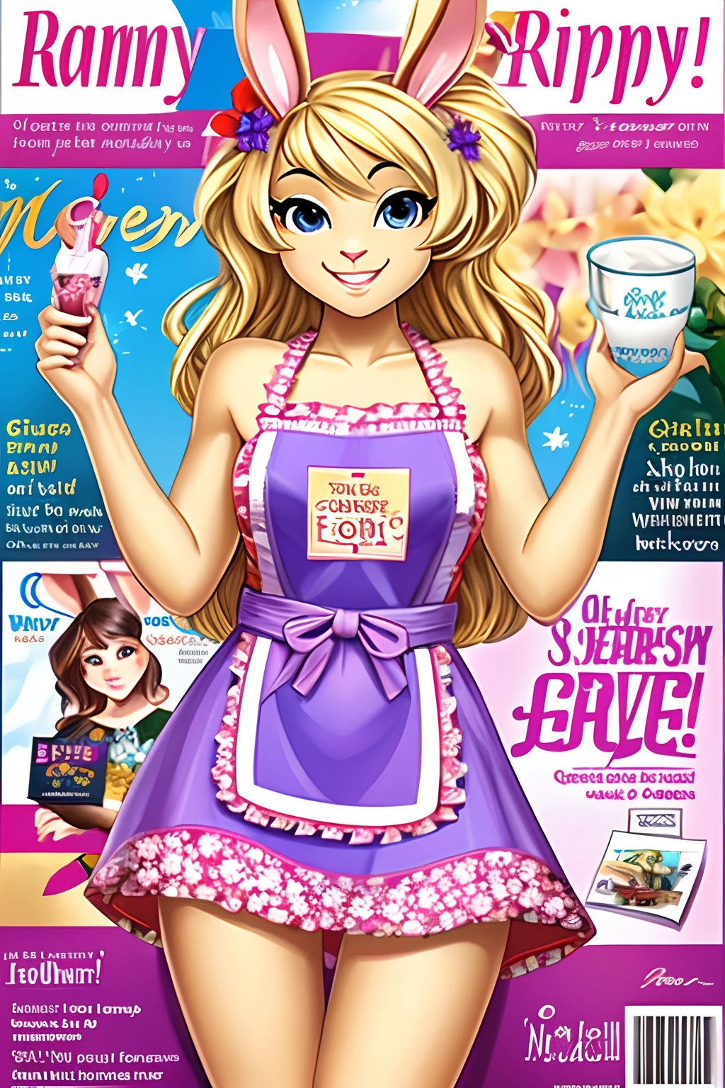 (Best Quality, Masterpiece), Front cover of a women's fashion painting 1girl,stunning, cute, heartwarming smile, hourglass figure, wearing floral dress, pinny apron, beautiful text, diagrams, advertisements, magazine title, e-girl, celebrity, celebration. Blonde bunny girl.