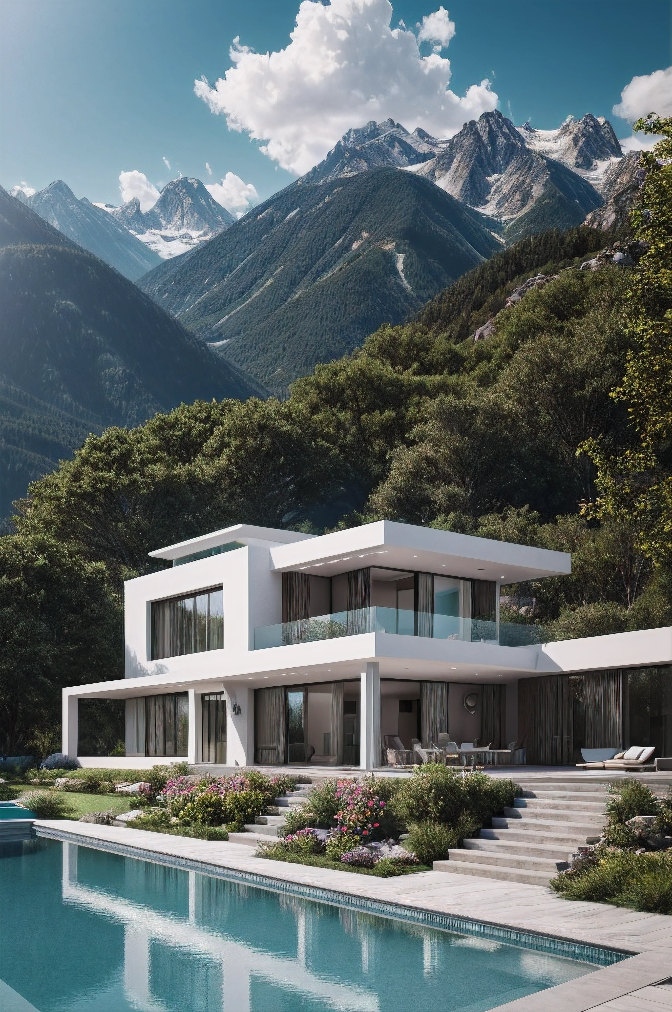 Best quality, 8k, high resolution, ultra-realistic photo, very high quality, intricate details, summer, very detailed outdoor, sharp image, bright diffused light, modern house concept with swimming pool surrounded with mountains, in the style of dark white and teal, reflective surfaces, wealthy portraiture, timeless artistry, 1970–present, highly detailed, sharp focus . octane render, highly detailed, volumetric, natural light photo, Canon 85L,