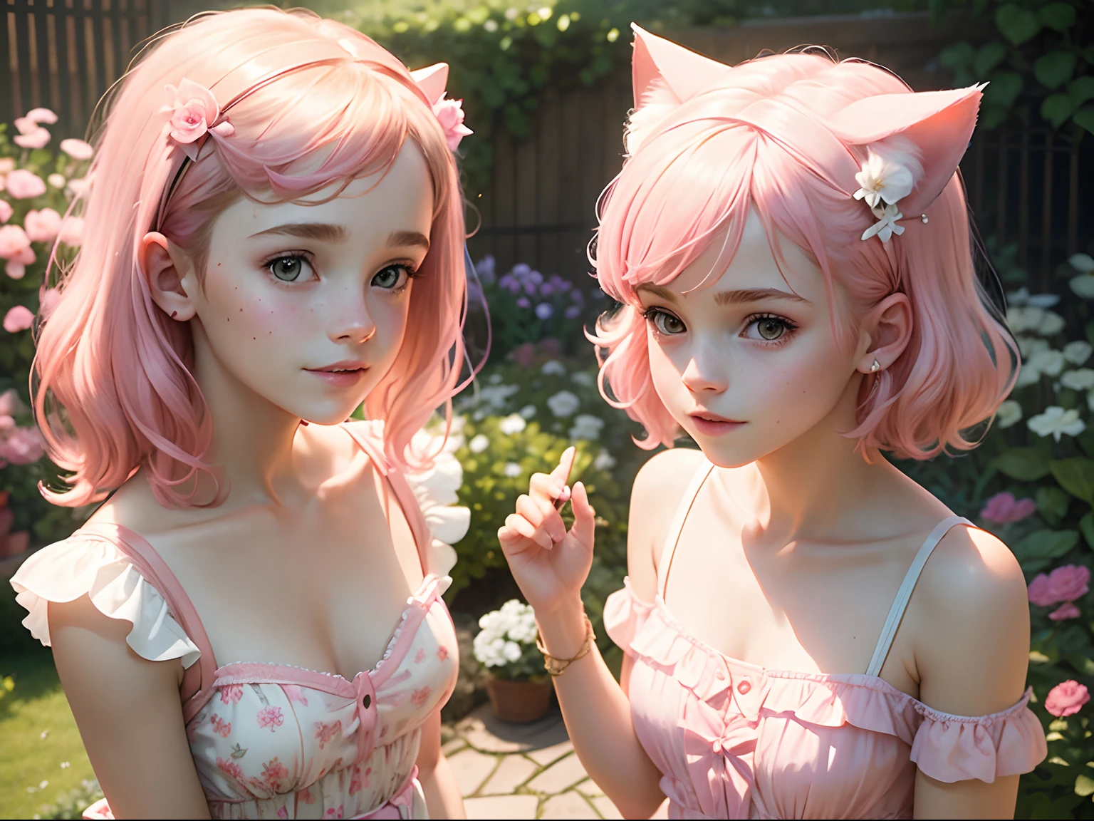 tween Emma Watson wearing a light pink floral patterned strapless playsuit in the garden holding a light pink cat, small bust, small chest, cute smile, light pink hair accessories, light pink bracelet. light pink hair.
