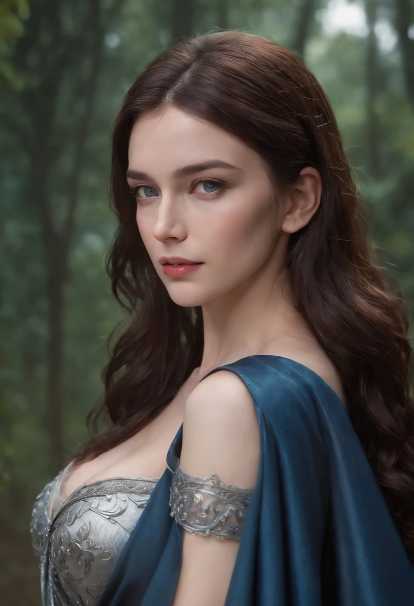 A mesmerizing portrait of a young woman in a translucent dress, dark blue leather clothes, cloak, blue black cloak, mixed French and Cuban ancestry, light blue eyes, dark brown hair with silver highlights, medium size breasts, drenched in rain, look of disapproval, fantasy art, dnd art, rpg art, a female human mage (best details, Masterpiece, best quality :1.5), controlling magical energy made of electricity, human female (best details, Masterpiece, best quality :1.5), extremally beautiful (best details, Masterpiece, best quality :1.5), ultra feminine (best details, Masterpiece, best quality :1.5), proper eye position, natural skin, backlight, cinematic light, rim light, soft light, hips, bare thighs, in night time, forest background, detailed color graded background, intricate , highly detail, octane render, HD, 8k