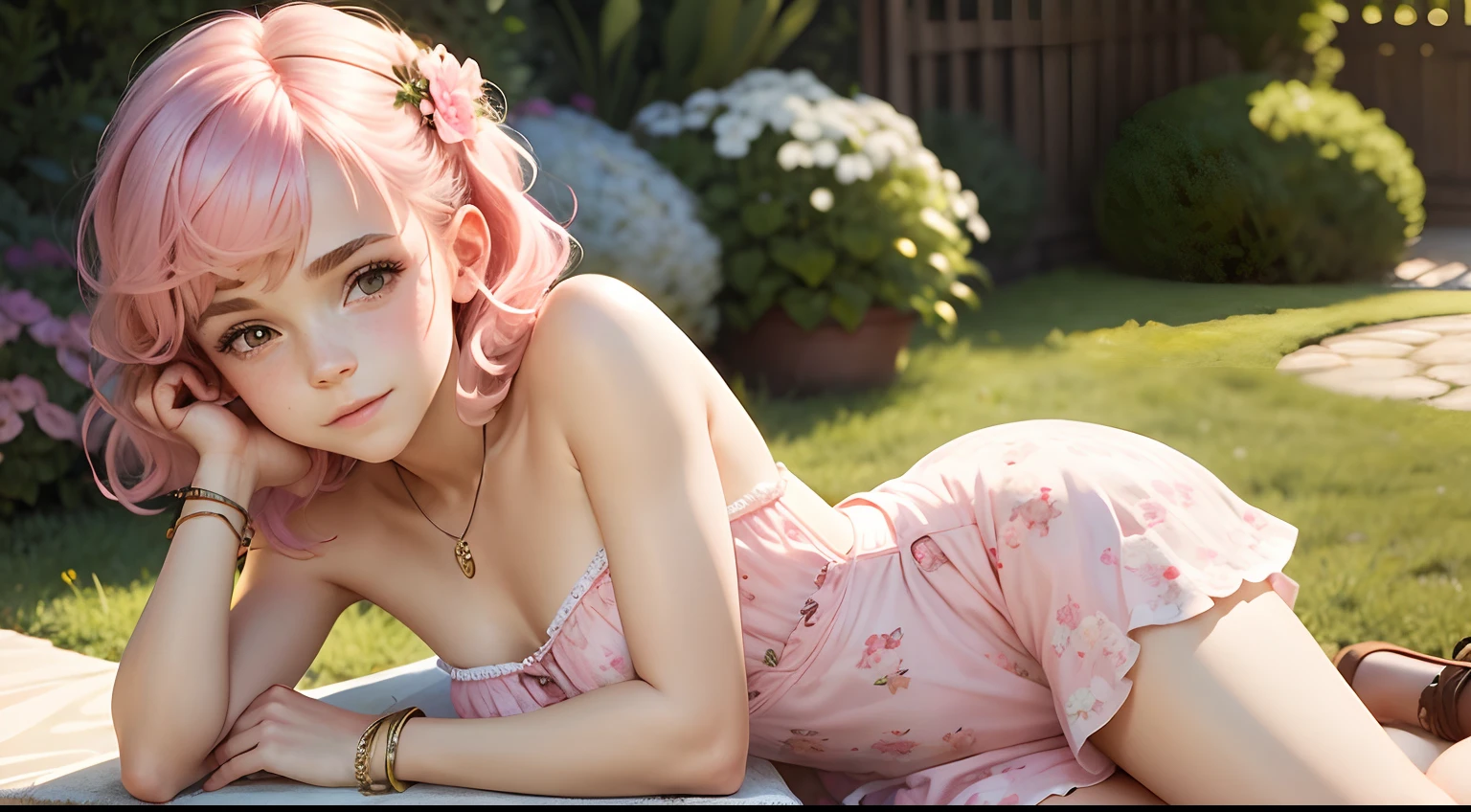 Beautiful slim small young girl with white skin short pink hair, cintura delgada muslos grandes, small breasts, cabello corto hasta los hombros color rosa, lying in a garden with green grass and red and white roses, photo taken with isometric view, chica recostada sobre el pasto, chica desnuda, sexy,