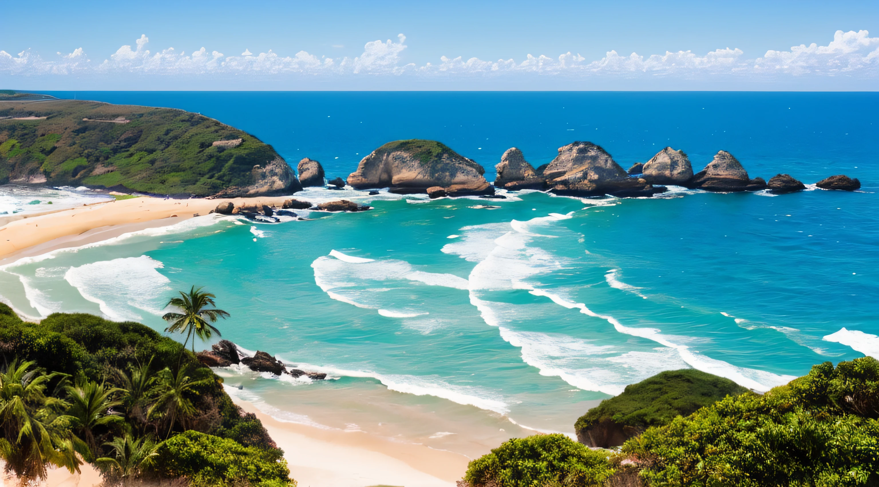 praia,mar, com o ceu amanhecendo detalhado, com coqueiros, photorealista, realista, com paletas de amarelado