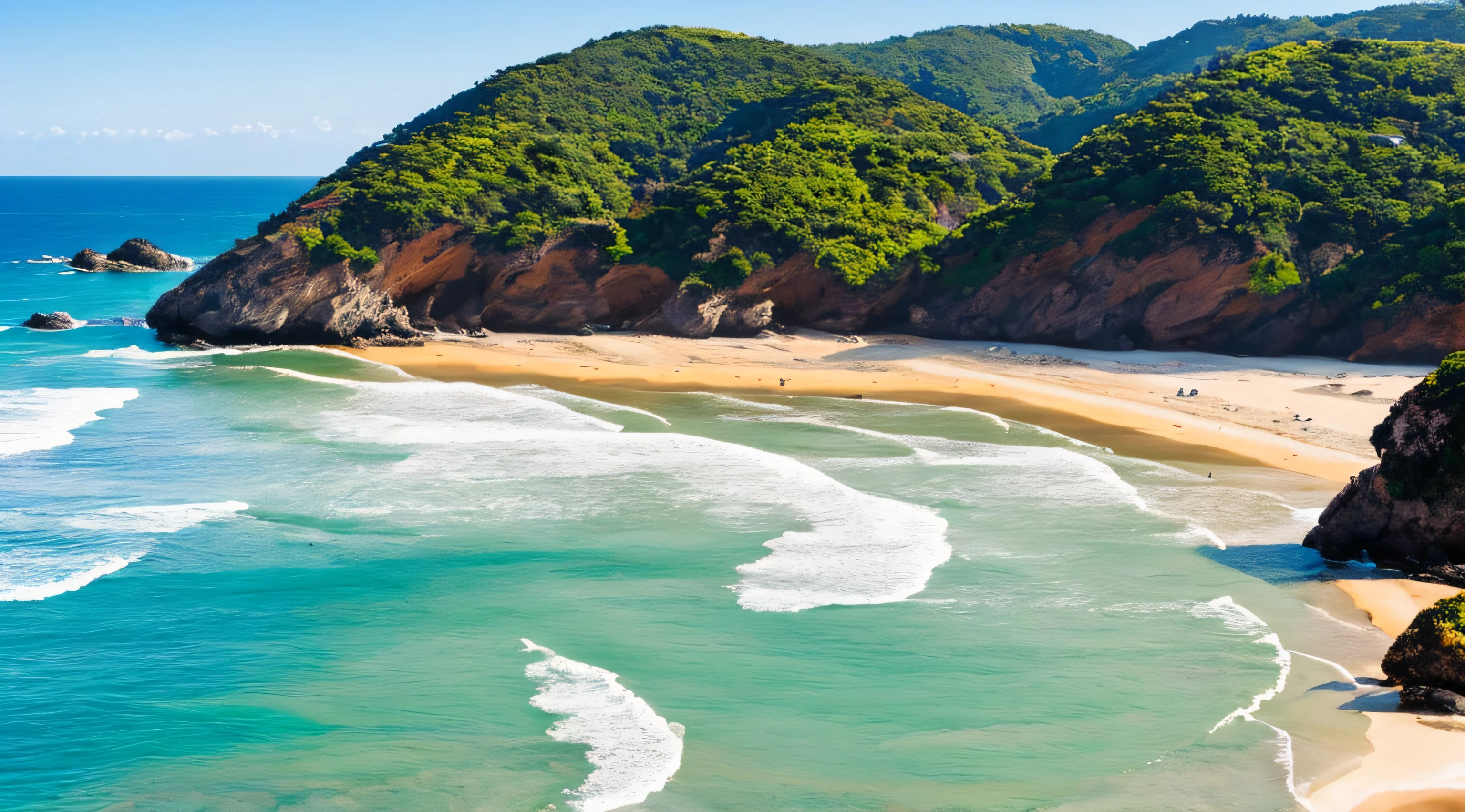praia,mar, com o ceu amanhecendo detalhado, com coqueiros, photorealista, realista, com paletas de amarelado