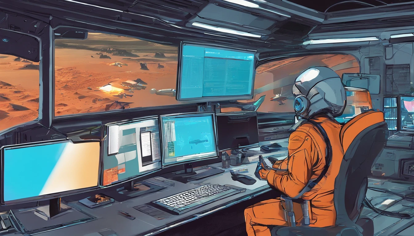 There is a man sitting at a desk with two computer screens, assis devant un ordinateur, il tape puissamment sur son clavier, Side view from above the back shoulder, Regarder le moniteur, affichage des graphiques boursiers, sitting at a computer desk, devant un ordinateur, Commerce, Trading d’actions, poser un explosif, Lots of action