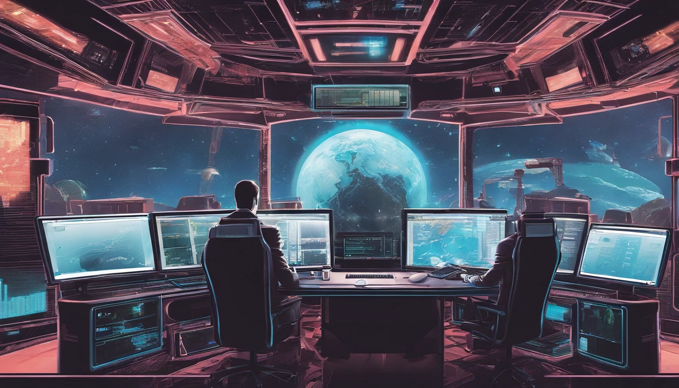 There is a man sitting at a desk with two computer screens, assis devant un ordinateur, il tape puissamment sur son clavier, Side view from above the back shoulder, Regarder le moniteur, affichage des graphiques boursiers, sitting at a computer desk, devant un ordinateur, Commerce, Trading d’actions, poser un explosif, Lots of action
