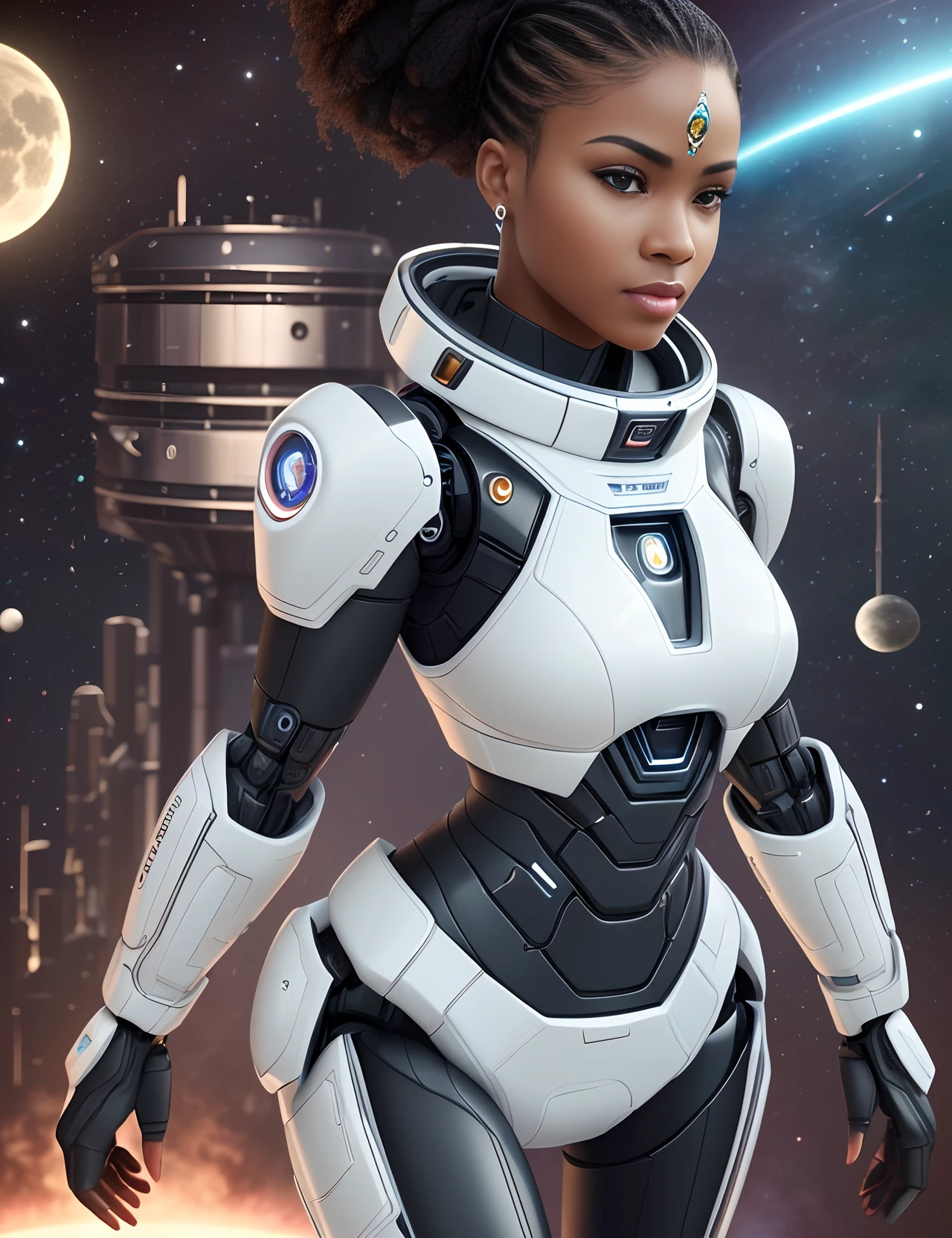 A black woman dressed in african designed clothes standing in an African designed futuristic space station on the moon, space station full of moving robots, androids, people, holograms, galaxy piercing light to the scene, shining beautifully, with iridescent light, photorealistic image, 32k, ultra HD, cinematic lighting, artgerm style, highly detailed images, vibrant and beautiful colours, highly detailed facial features, highly detailed hands, highly detailed fingers, highly detailed legs, --auto --s2