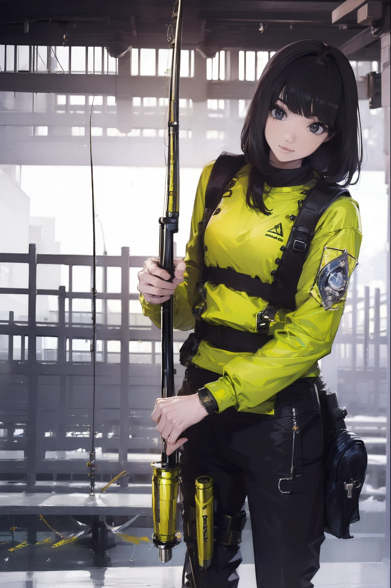 ((((Have a fishing rod with a reel:1.5)))),((Female 28 years old)),((Best Quality:1.5)),(((Fine fingers、Ratio 4 fingers and 1 thumb,detailed arms,detailed human hands))),(((Hands with the correct number and structure of fingers:1.4))),((Lakeside:1.37)),hight resolution,ultra-detailliert,​masterpiece,best qualtiy,(Eight-headed body),(1 fishing rod,Holding a fishing rod in your hand,Fishing lure rod,Fishing Reels,Long Sleeve Outdoor Vest,Long pants for fishing,Big backpack),thin and long legs,Beautiful hip line,Beautiful spine,constricted back,Toned waist,beutiful breast),,Gentle smile,shiny lip,(1 fishing rod,Straight stretch fishing rod,Long fishing rod,Woman fishing with fishing rod in hand),Black hair, long eyeslashes, Solid Circle Eyes, drop shadow, Atmospheric perspective,Super Detail, ccurate, small brest,top-quality, blurry backround, bokeh dof:1.2, (​masterpiece:1.3), Atmospheric perspective,Super Detail,dynamic compositions, Ultra High Quality,