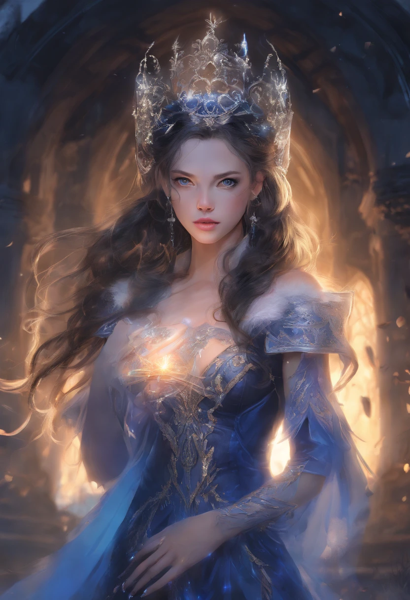 A mesmerizing portrait of a young woman in a translucent dress, dark blue leather clothes, cloak, blue black cloak, mixed French and Cuban ancestry, light blue eyes, dark brown hair with silver highlights, medium size breasts, drenched in rain, look of disapproval, fantasy art, dnd art, rpg art, a female human mage (best details, Masterpiece, best quality :1.5), controlling magical energy made of electricity, human female (best details, Masterpiece, best quality :1.5), extremally beautiful (best details, Masterpiece, best quality :1.5), ultra feminine (best details, Masterpiece, best quality :1.5), proper eye position, natural skin, backlight, cinematic light, rim light, soft light, hips, bare thighs, in night time, forest background, detailed color graded background, intricate , highly detail, octane render, HD, 8k