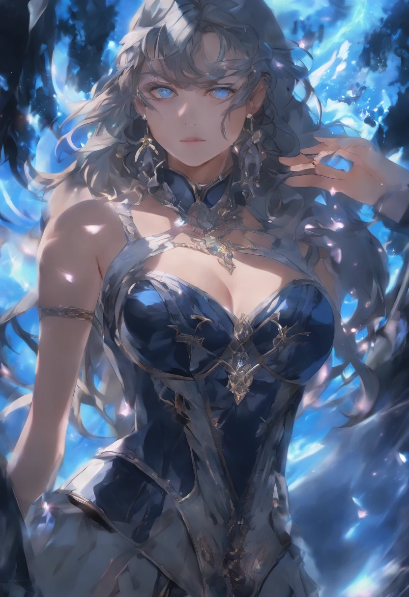 A mesmerizing portrait of a young woman in a translucent dress, dark blue leather clothes, cloak, blue black cloak, mixed French and Cuban ancestry, light blue eyes, dark brown hair with silver highlights, medium size breasts, drenched in rain, look of disapproval, fantasy art, dnd art, rpg art, a female human mage (best details, Masterpiece, best quality :1.5), controlling magical energy made of electricity, human female (best details, Masterpiece, best quality :1.5), extremally beautiful (best details, Masterpiece, best quality :1.5), ultra feminine (best details, Masterpiece, best quality :1.5), proper eye position, natural skin, backlight, cinematic light, rim light, soft light, hips, bare thighs, in night time, forest background, detailed color graded background, intricate , highly detail, octane render, HD, 8k