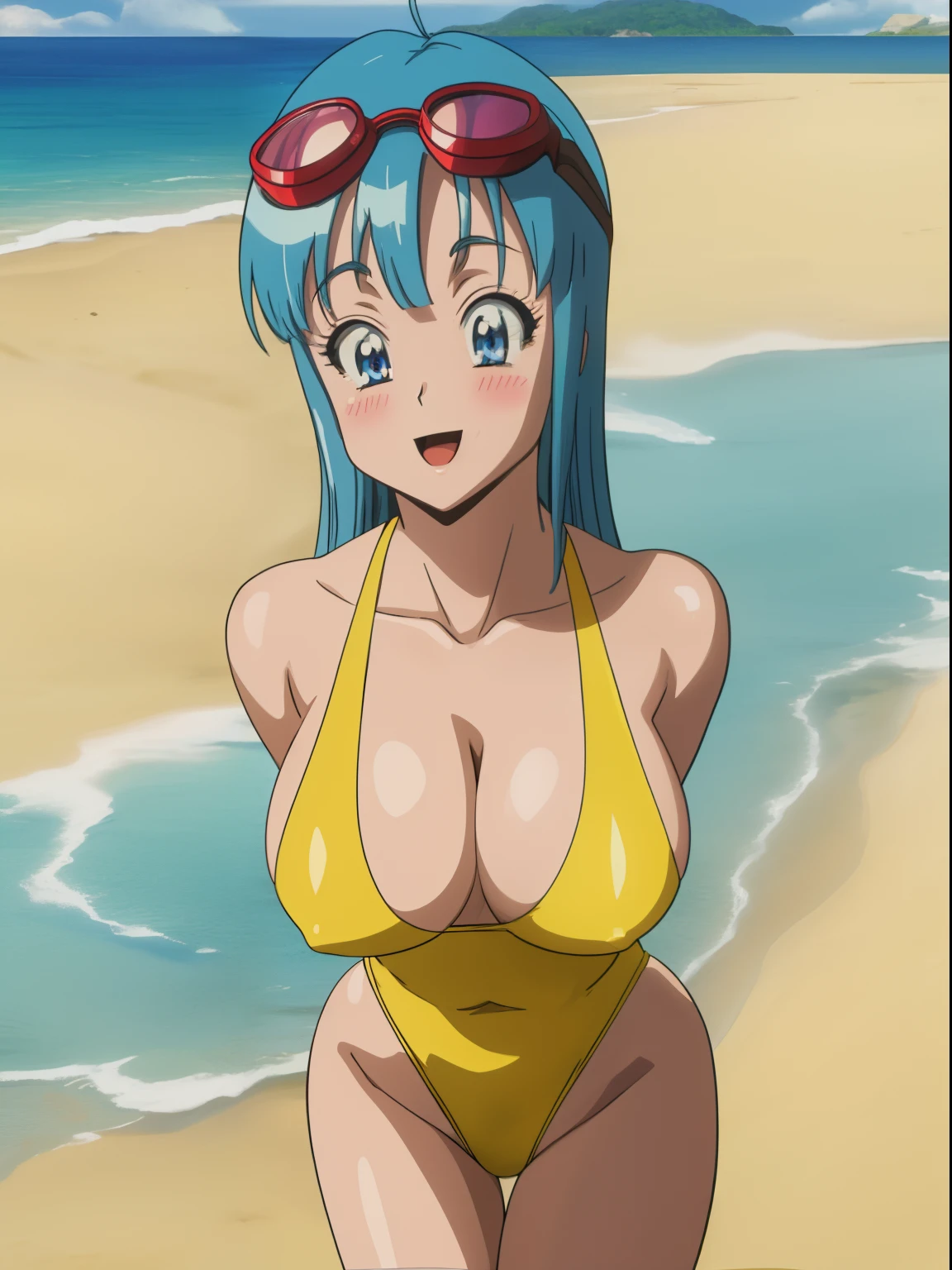 best quality,masterpiece,maron, beach, ocean, ((yellow one-piece swimsuit)), blue eyes, aqua hair, goggles on head, smile, happy, blush, blunt bangs, long hair cleavage,arms behind back, contrapposto,leaning forward,huge breasts,1girl, solo
